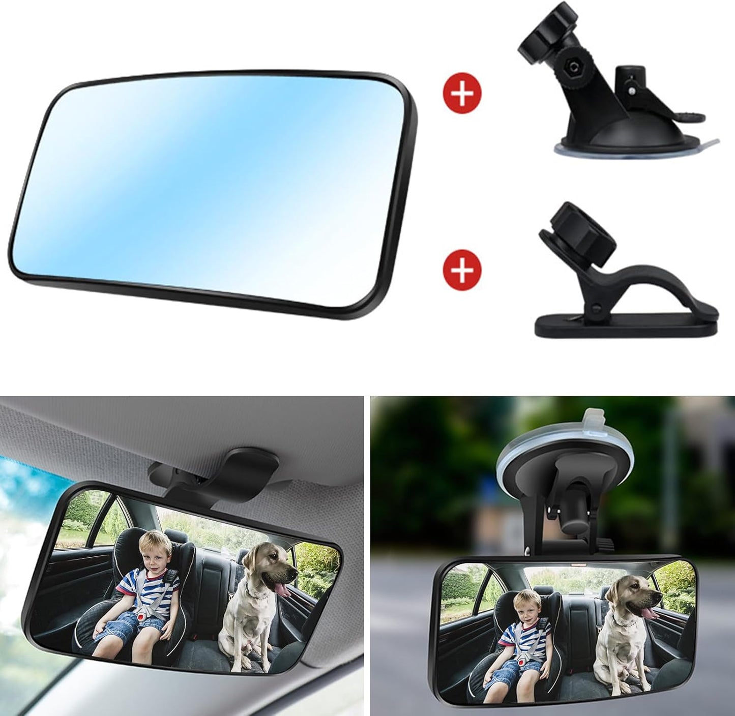 Universal Car Interior Rearview Baby Mirror Wide Angle Convex Mirror Clip-on & Suction Cup mirrors for Viewing Rear Passengers（5.11' X 2.56'）