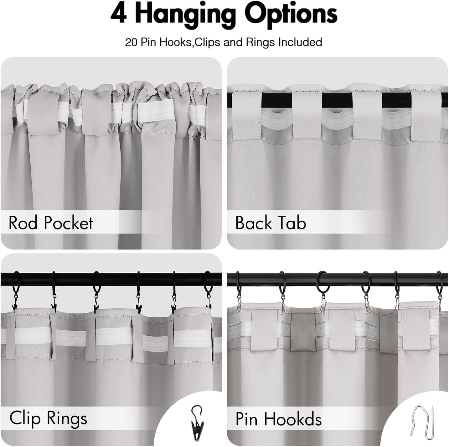 ANRODUO Back Tab Blackout Curtains for Bedroom Living Room, Rod Pocket Pinch Pleated Thermal Insulated Room Darkening Curtains 72 Inches Long 2 Panels, Greyish White, 42 x 72 Inch