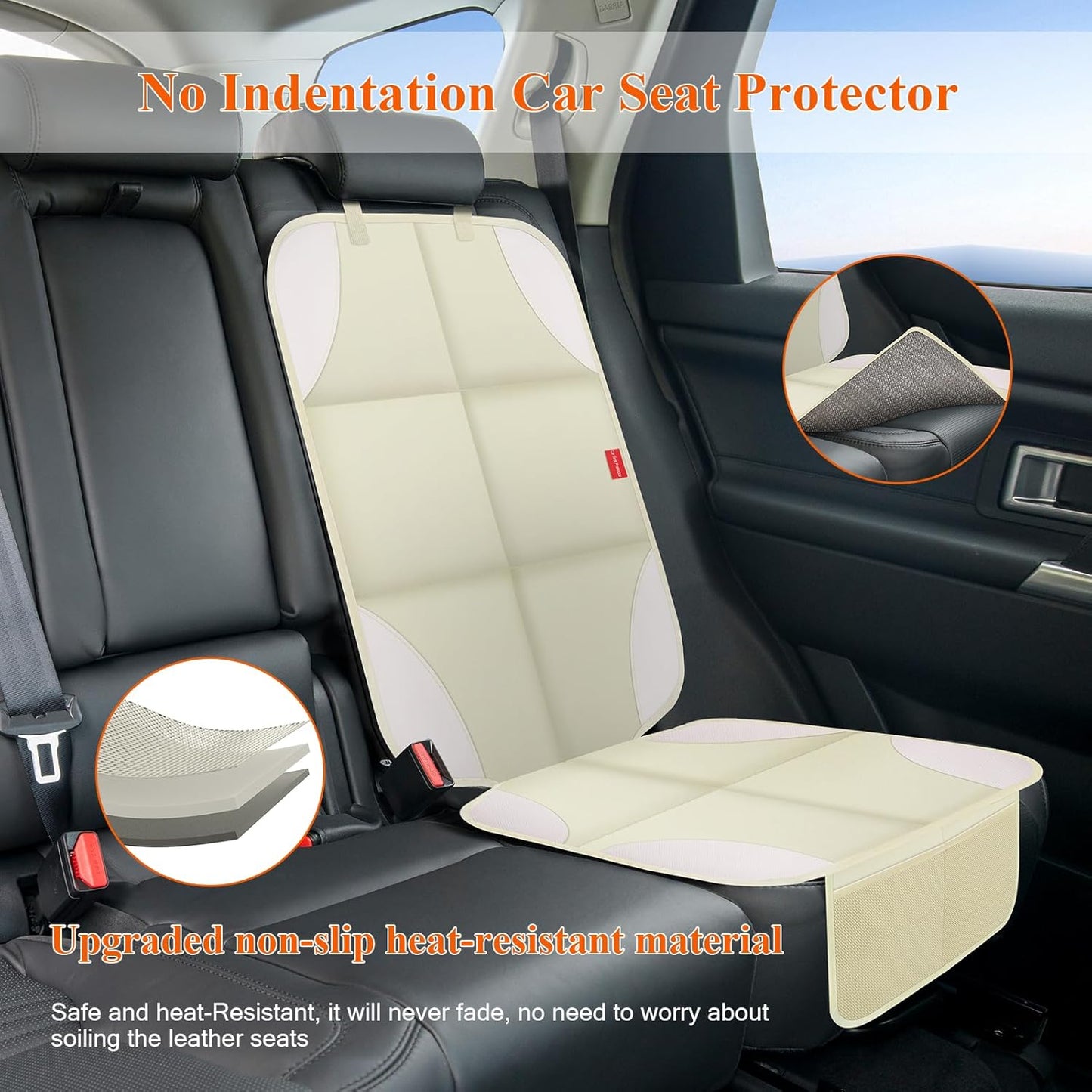 Car Seat Protector, 2 Pack 600D Fabric Seat Protector Under Baby Car Seat with Upgraded Non-Slip Backing, Thickest Padding, Mesh Storage Pockets