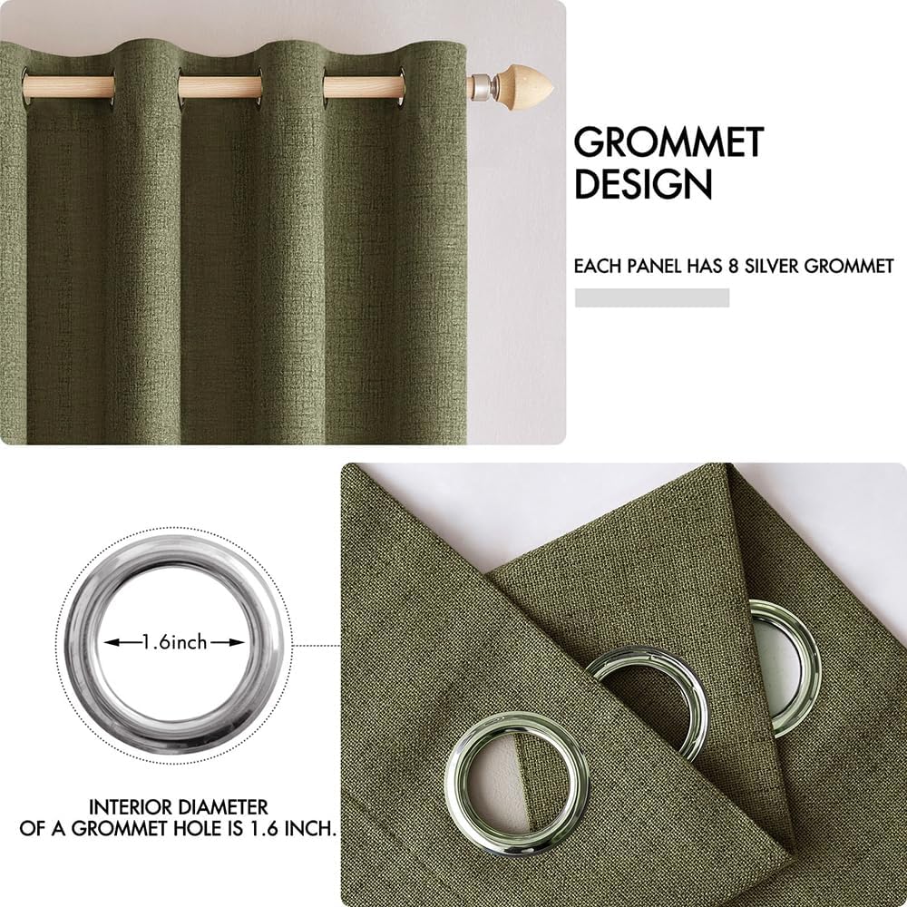 MIULEE Linen Texture Curtains for Bedroom Solid 100% Blackout Thermal Insulated Light Olive Green Curtains Grommet Room Darkening Drapes for Living Room Nursery 52x108 Inch (2 Panels)