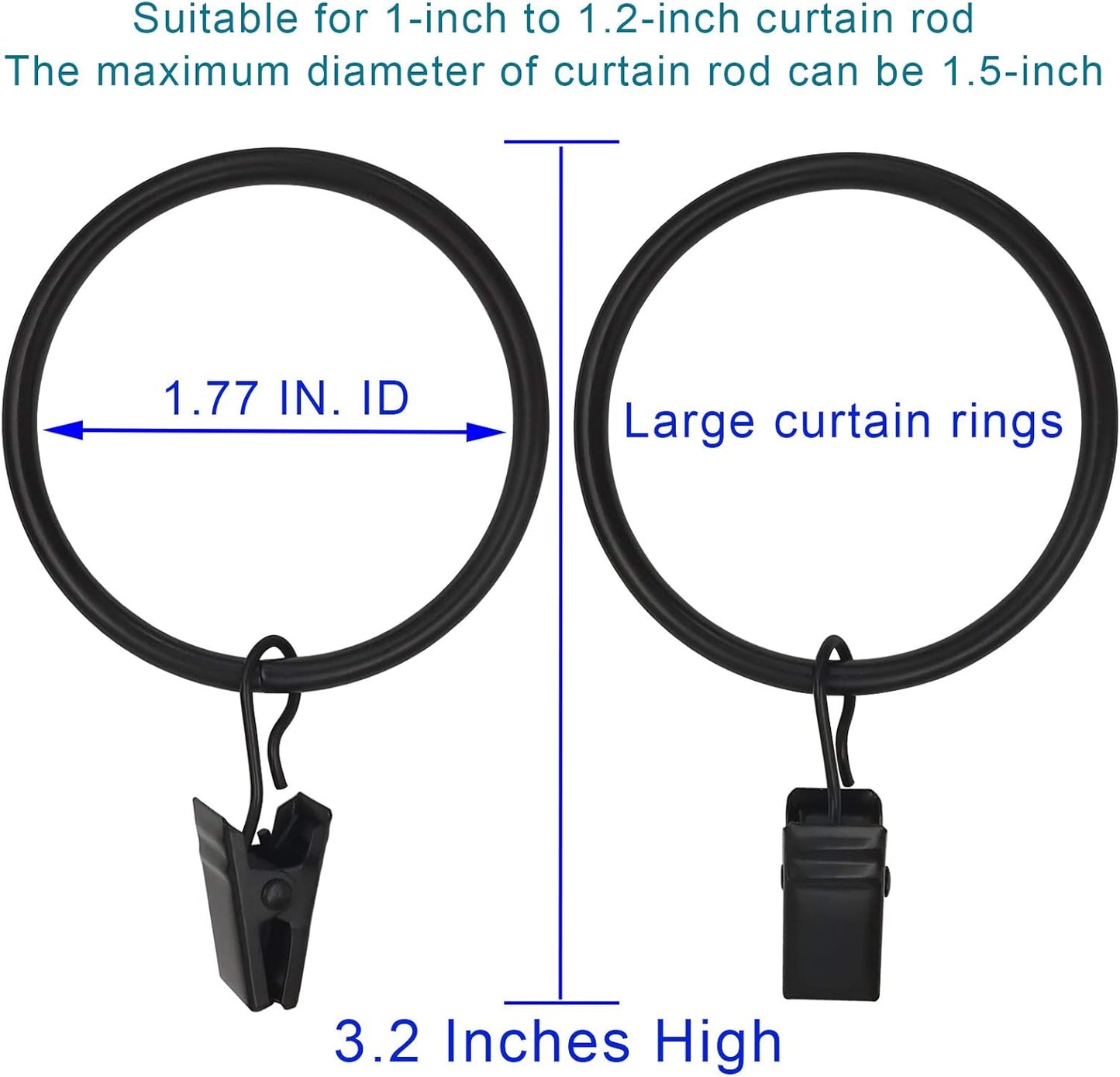 20 Pack Black Curtain Rings with Clips, Curtain Hooks Hangers Clip Rings for Hanging Drapes Bows Hat, Drapery Rings 1.77 in I D, Fits up to 1.5 in Diameter Curtain Rod.