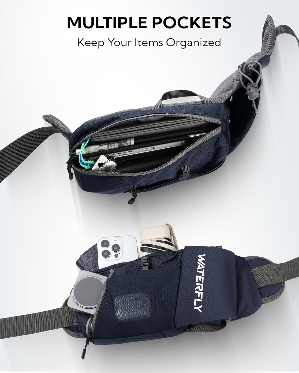 WATERFLY Fanny Pack Waist Bag: Hiking Water Bottle Holder with Strap Waist Pack for Women Men Hydration Hip Packs for Running Walking Traveling-Navy Blue