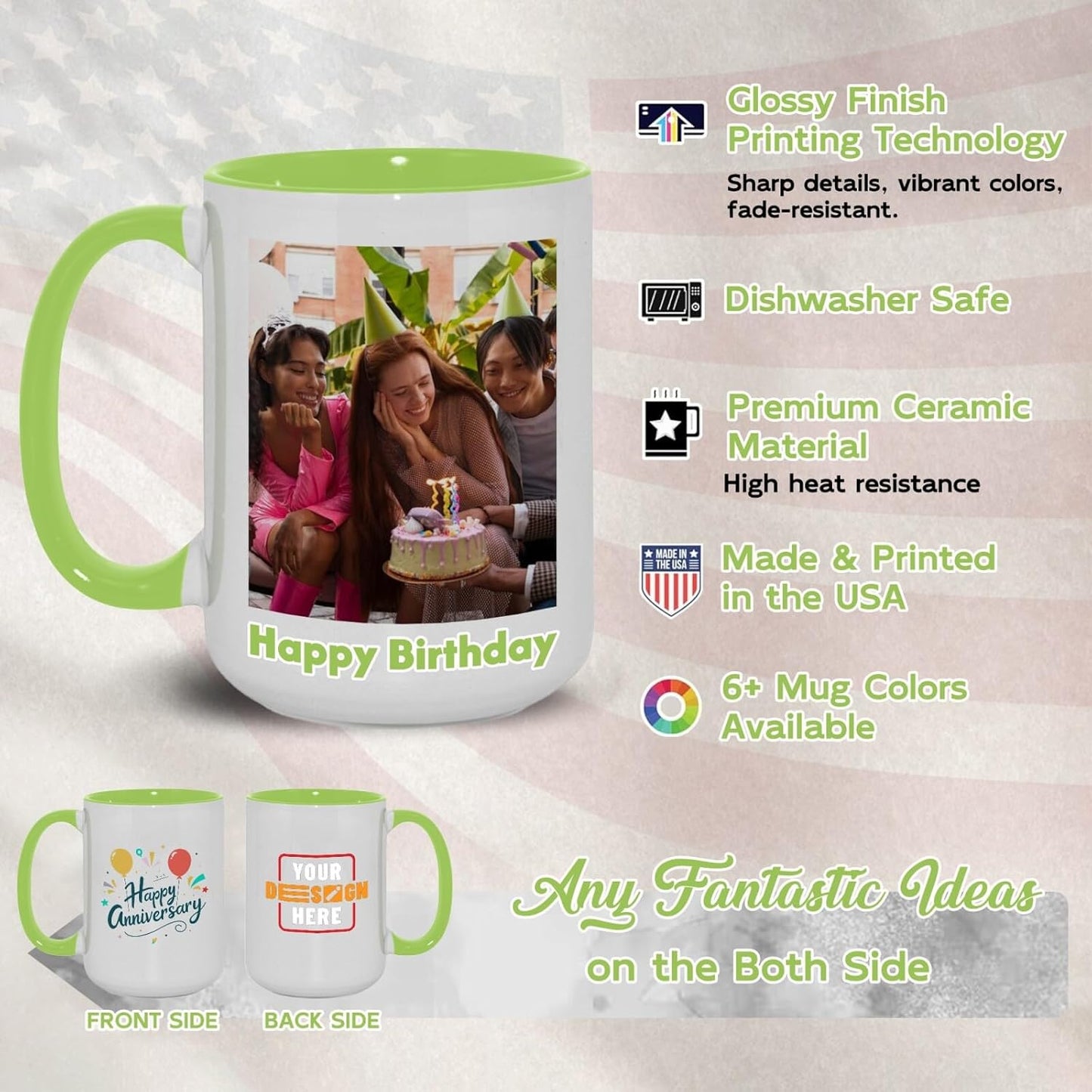 Ship Next Day Custom Mug Design Your Own Photo Text Personalized Picture Gifts for Women Men Customized Gifts Idea Personalized Coffee Mugs 11oz Light Green Handle