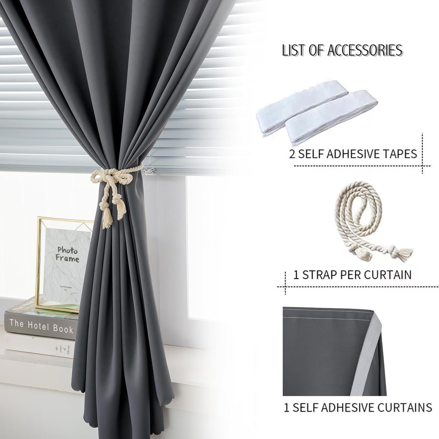 Magic Tape Stick On Curtains Window Shades Pull Down Blackout Window Cover Blackout Curtains for Bedroom No Drillng Self Adhesive Curtains No Rod Small Curtain, 47" W X 79" L, Grey, 1 Panel