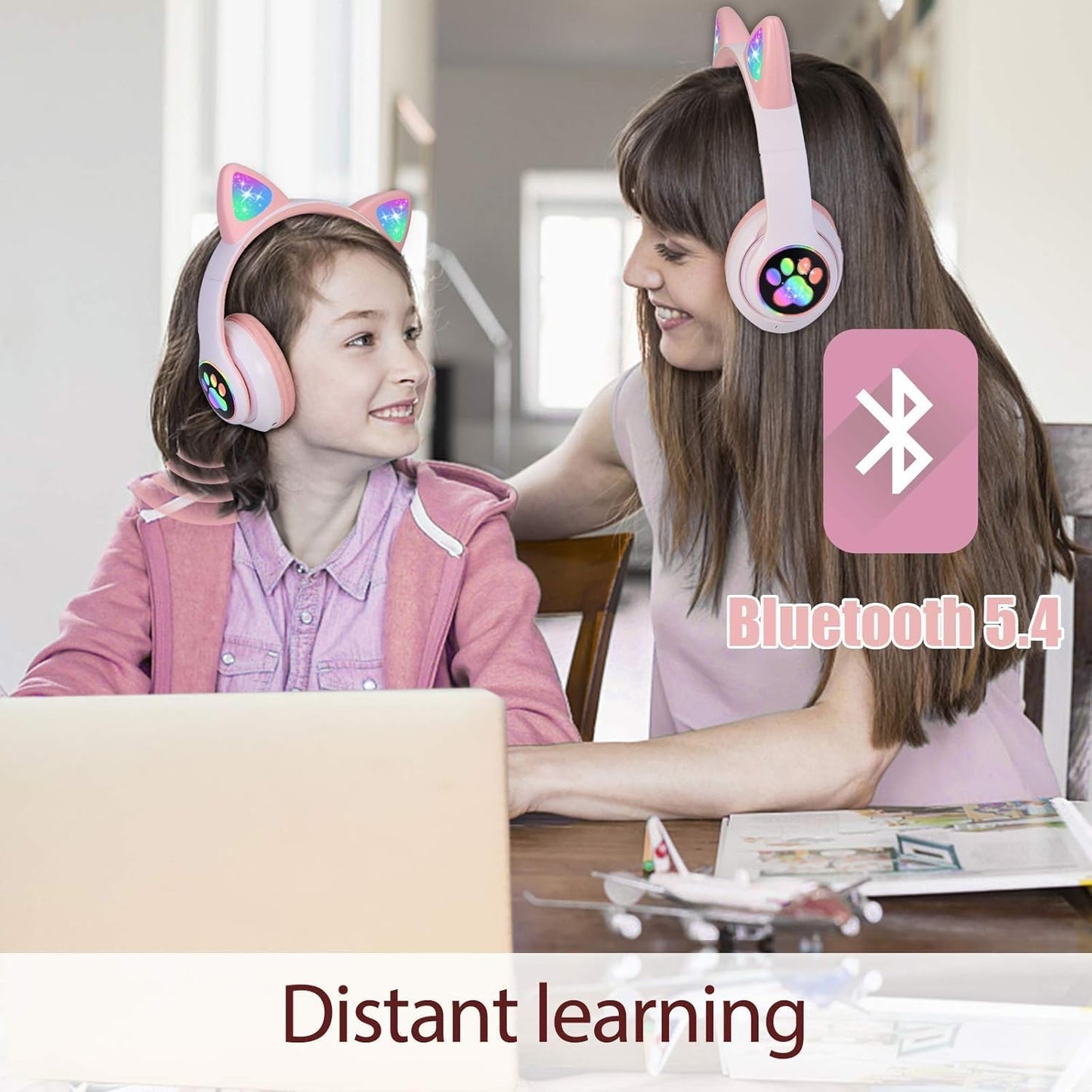 TCJJ Kids Wireless Headphones - Cat Ear LED Light Up, Bluetooth 5.4, Safe Volume Limit, Noise Cancelling with Mic & TF Card for Girls Boys Toddlers School (Pink)