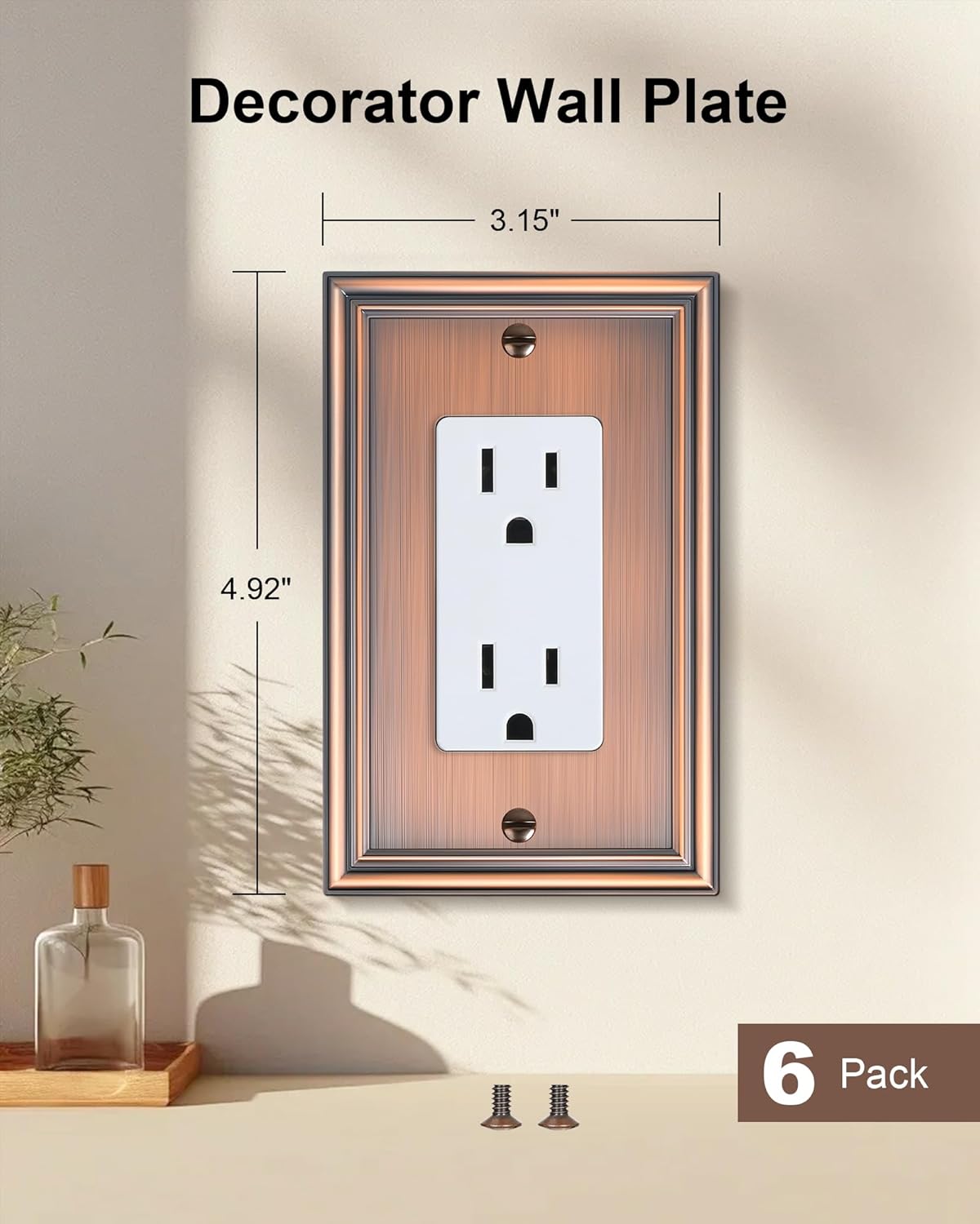 6-Pack Decorator Outlet Cover Plate, Antique Copper Decorative Switch Plates and Outlet Covers, Durable Zinc Alloy Wall Plates for Electrical Outlets, Receptacle, GFCI Outlet, Dimmer Switch