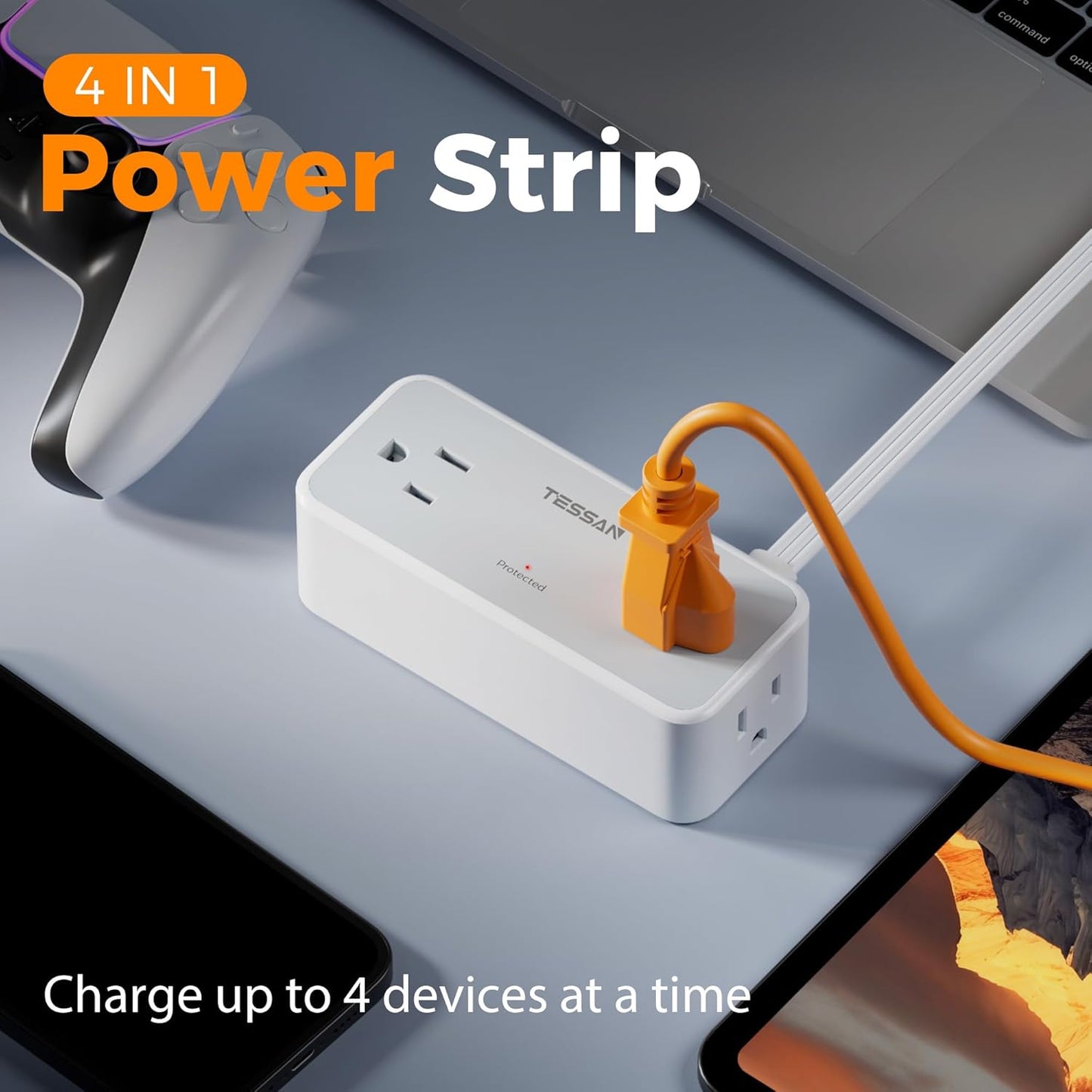 5FT Flat Extension Cord, TESSAN Surge Protector Power Strip with 4 Widely Spaced AC Outlets, 900 Joules Surge Protection, Ultra-Thin Flat Plug Desk Charging Station for Home Office Dorm Essentials