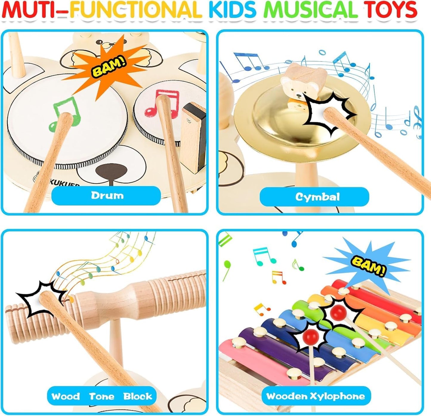 9 in 1 Kids Drum Set YOMESTE Toddlers Birthday Gift Wooden Xylophone Musical Instruments Kit,Montessori Musical Instruments Toys for Kids,Happy Gift ^_^ (Wooden Xylophone Drum Set)