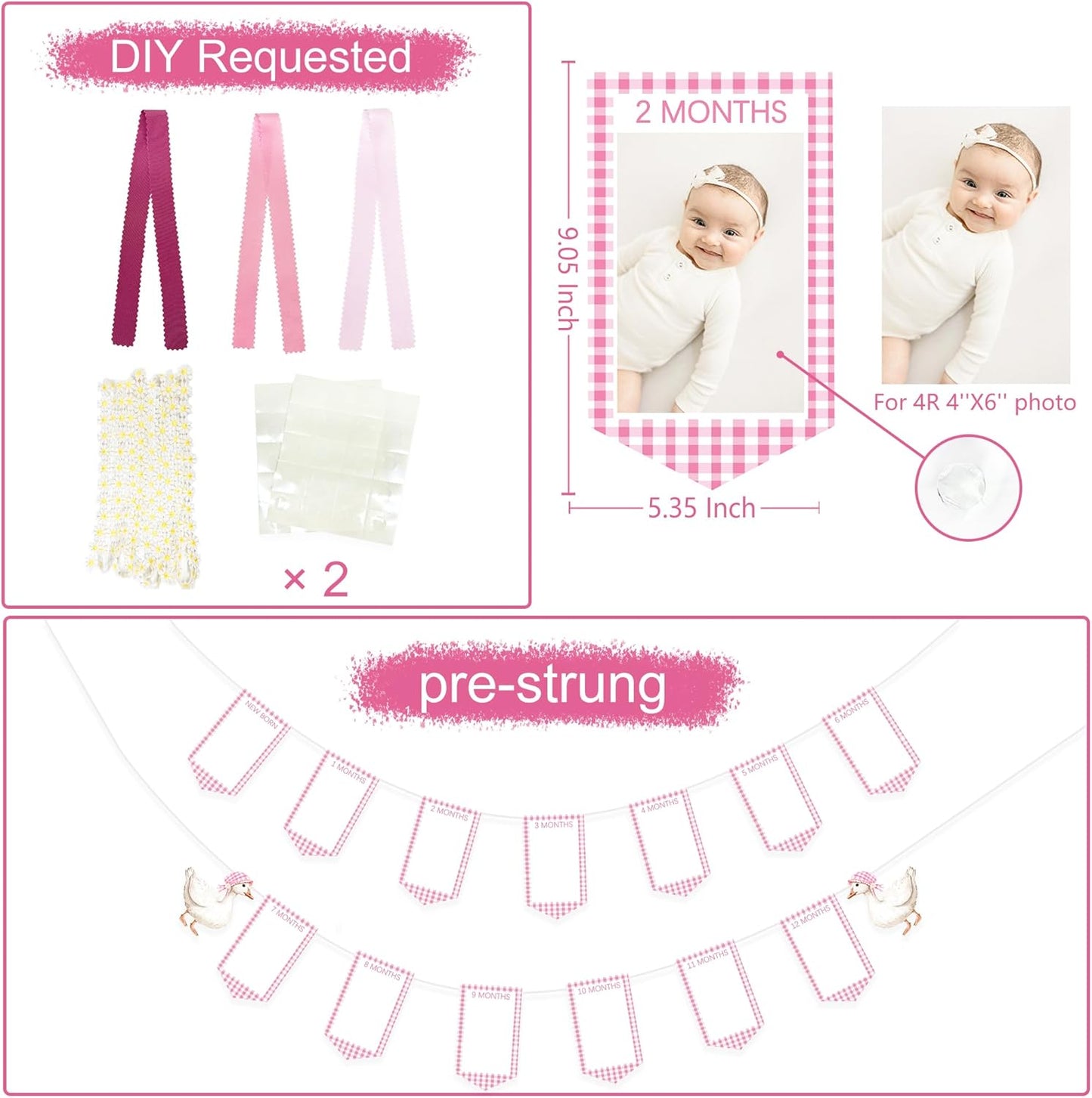 Pink One Silly Goose 1st Birthday Photo Banner Garland from Newborn to 12 Months Paper Photo Banner with Gradient Pink Ribbon for Monthly Milestones Baby Girl First Birthday Party Decorations Supplies