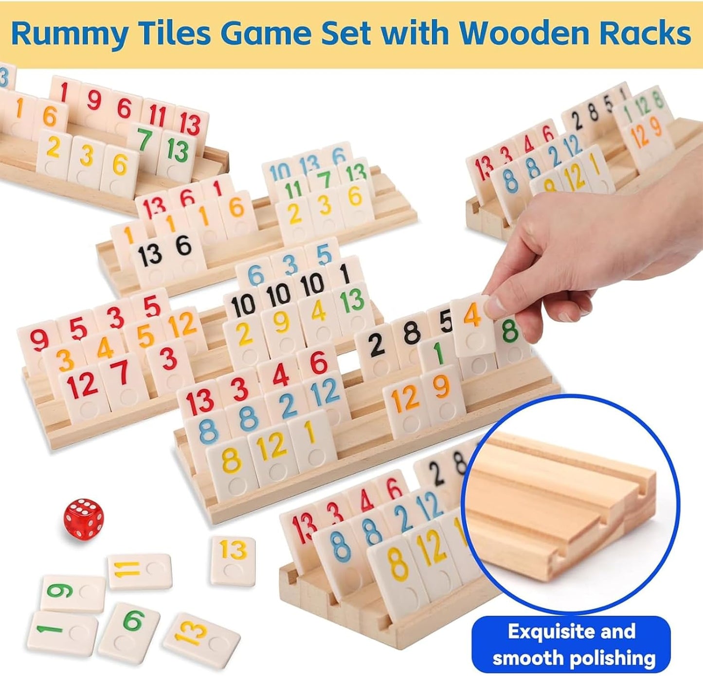 Premium Rummy Cube Game Set 6 Colors with 6 Wooden Holders and 162 Rummy Tiles, Travel Family Board Game for Adults and Kids