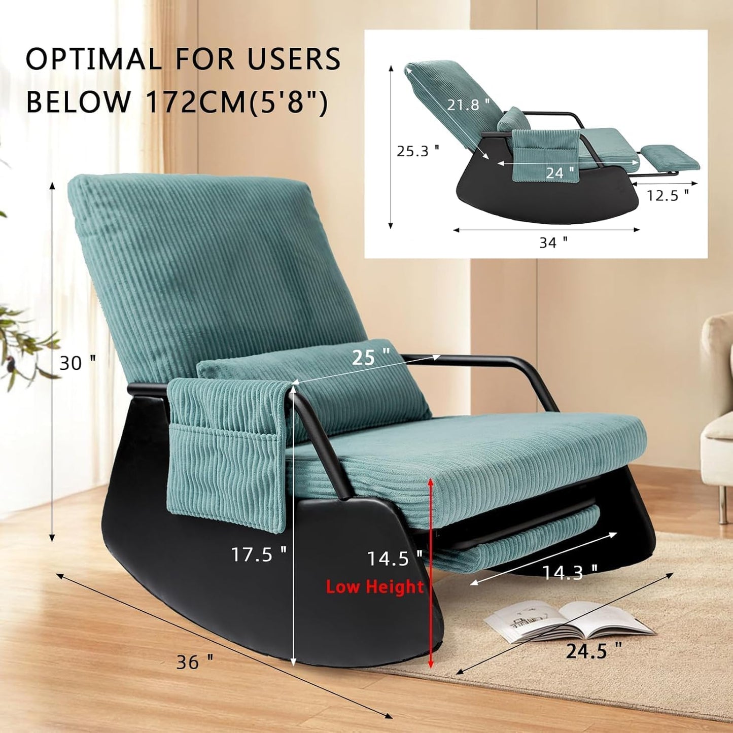 Rocking Chair for Nursery, Modern Upholstered Plush Seating Glider Recliner Chair with High Backrest and Side Pocket, Accent Armchair with Cushions for Living Room/Reading (Cyan Blue)