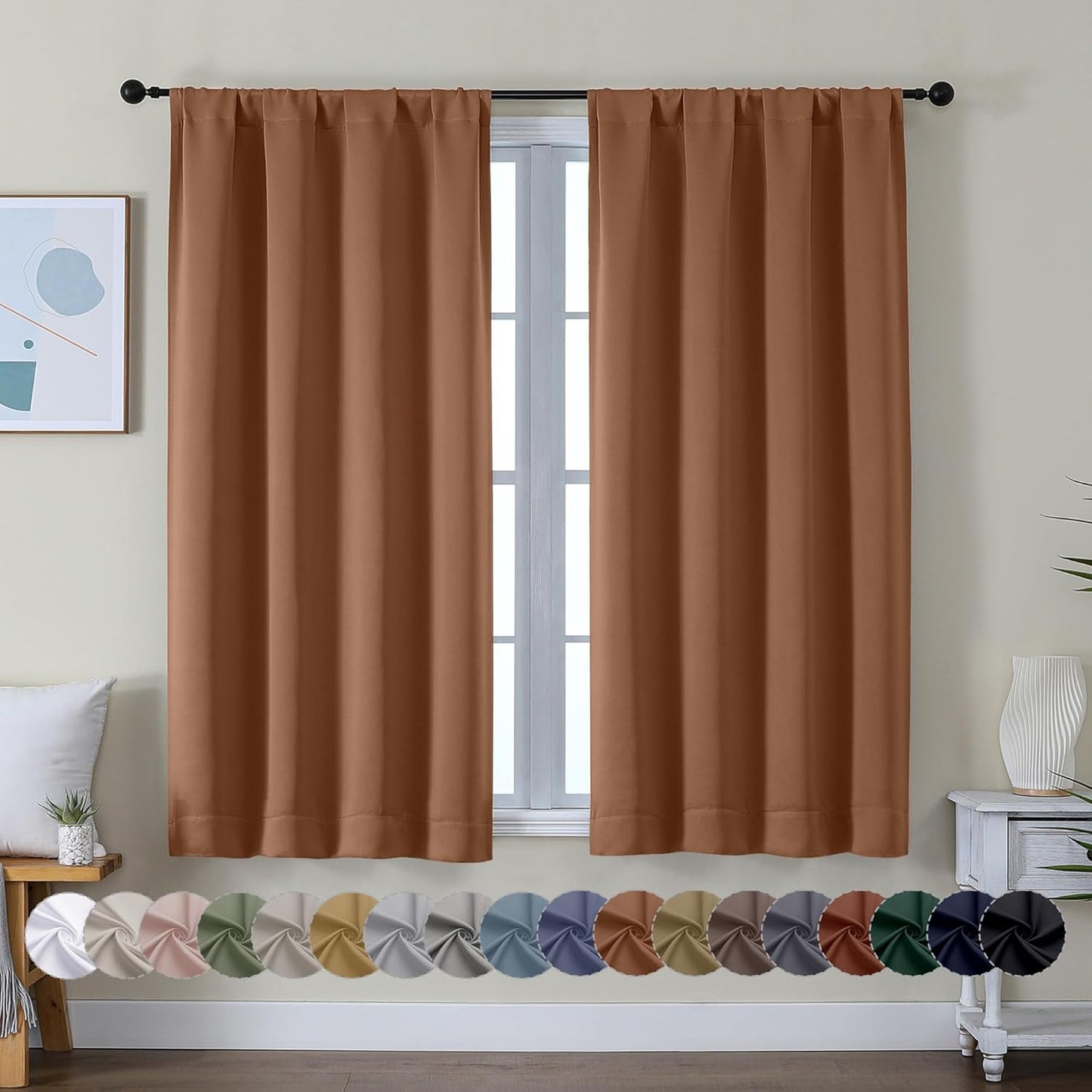 Simplebrand Ava Sun Baked Short Blackout Curtains for Bedroom 54 Inches Long 2 Panels Set, Solid Thermal Insulated, Energy Saving Window Treatment Curtains Blackout Drapes, W40 x L54 Inch, Sun Baked
