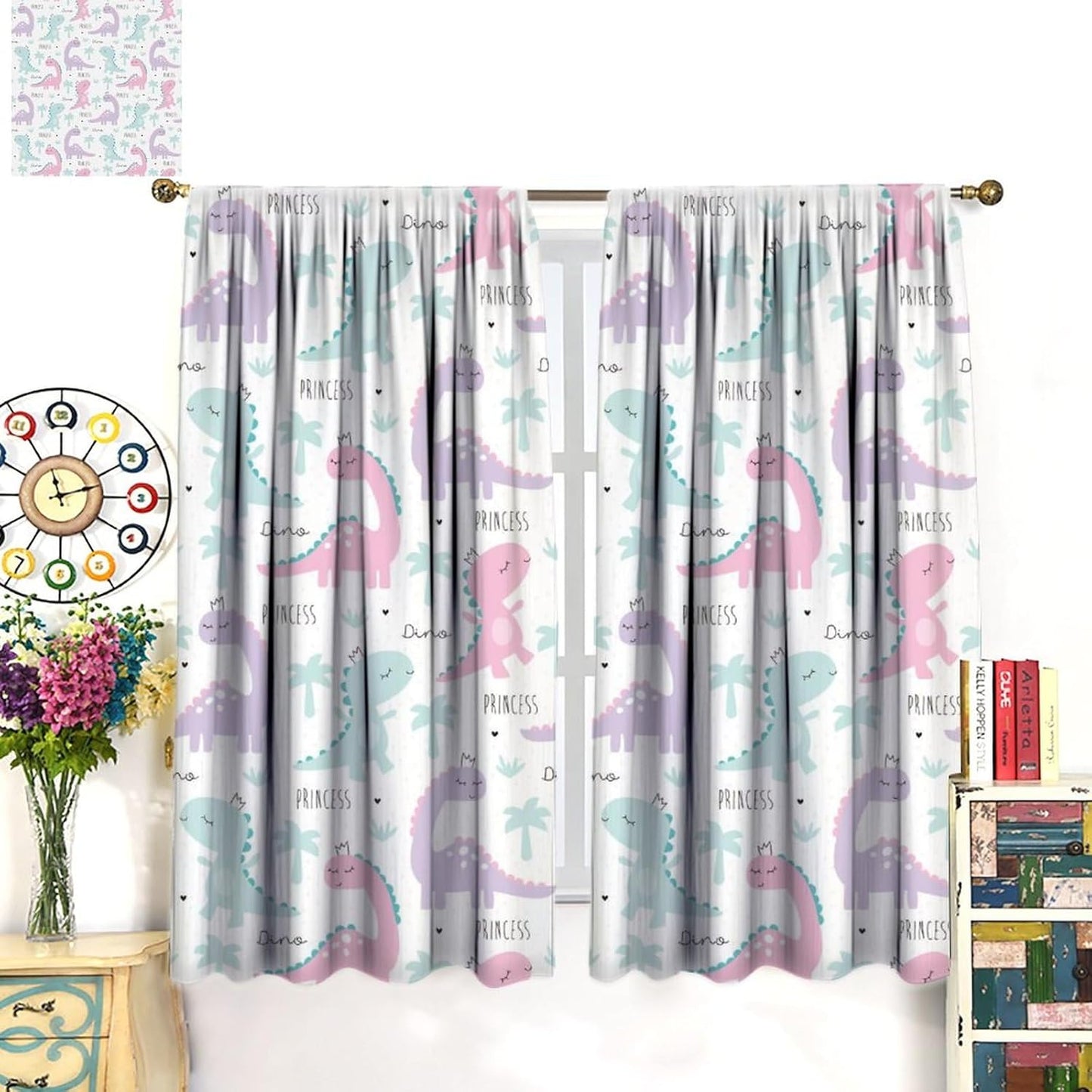 Kids Dinosaur Curtains for Boys Girls Bedroom Decor Cartoon Dino Colorful Cute Funny Animal Wildlife Printed Blackout Rod Pocket Window Drapes for Baby Nursery Playroom Living Room W21xL45in Decor