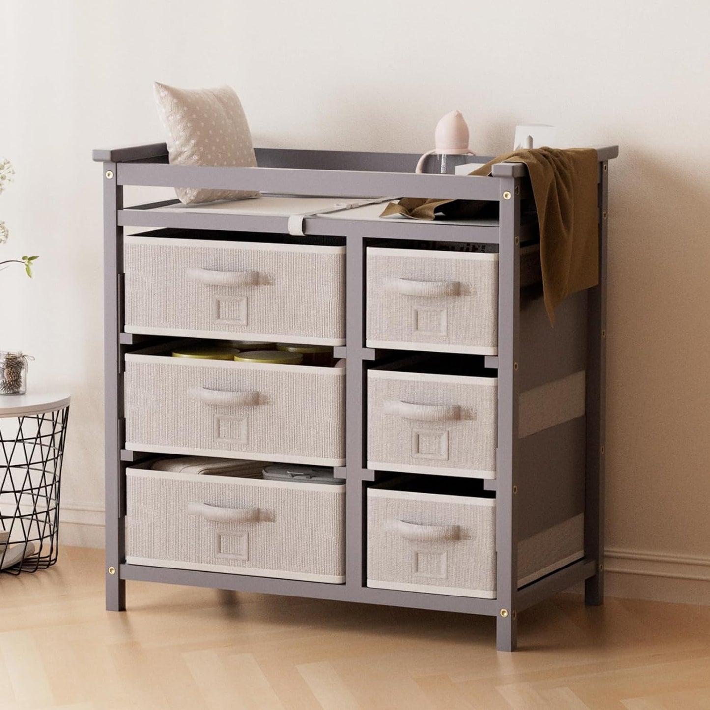 YUFU Baby Changing Table, Diaper Changing Station with 6 Storage Drawers and Changing Pad, Changing Table Dresser, Gray