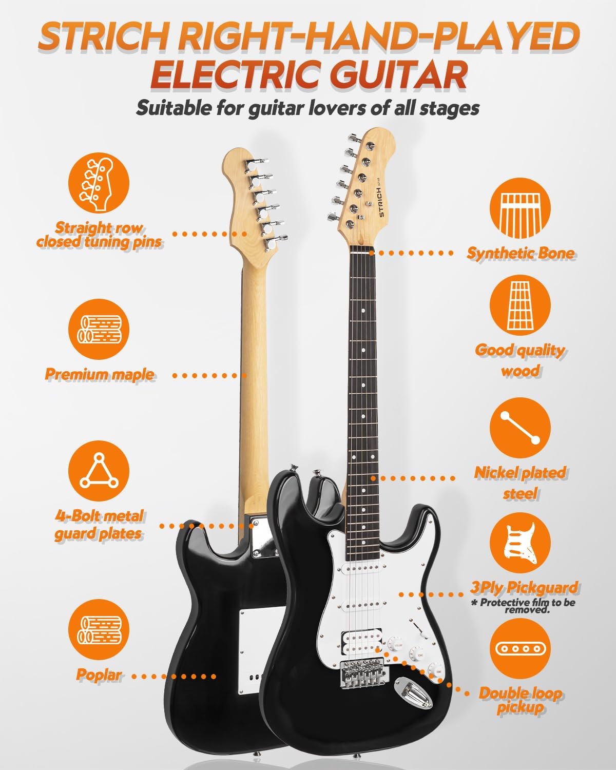 STRICH Electric Guitar Beginner Kit, Solid Body 39" Full Size Electric Guitar HSS Pick Up for Starter, with 10W Amp, Bag, Digital Tuner, Capo, Strap, String,Cable, Picks, SST-S20 Black