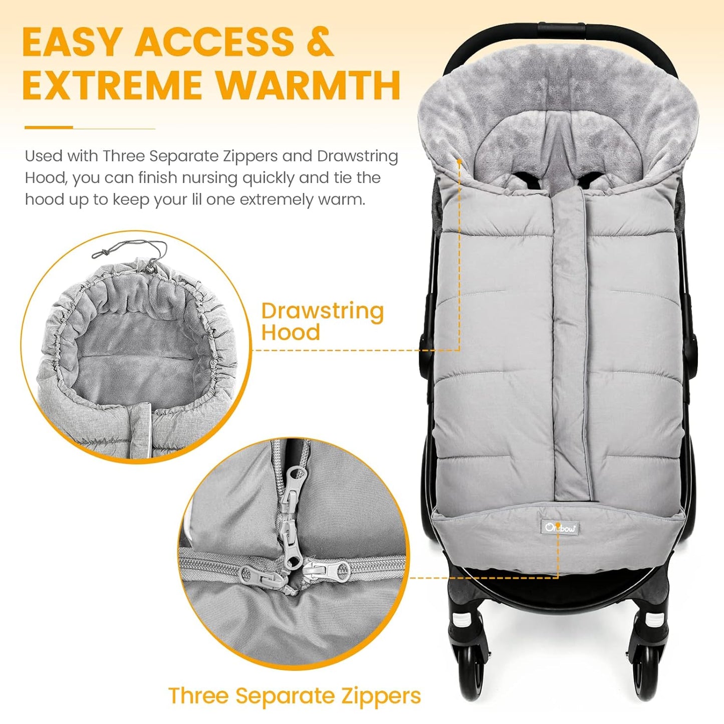 Orzbow Universal Stroller Footmuff, Winter Warm Baby Bunting Bag for Stroller - Cold Weather Zipper Strollers Sleeping Bag, Water-Repellent, Winter Essentials Must Have for Toddler Kids, Light Grey