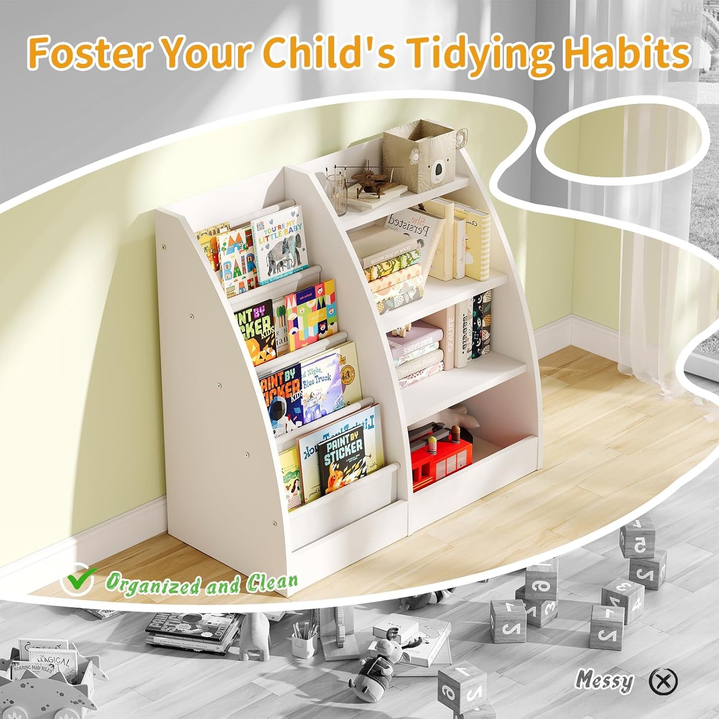 4 Tier Kids Bookshelf Set of 2, 4 Layer Sling Kids Book Shelf for Kids Rooms,Wood Children Bookcase,Baby Storage Book Rack,Toddler Bookshelf, Book and Toy Organizer,Book Display Shelf for Nursery