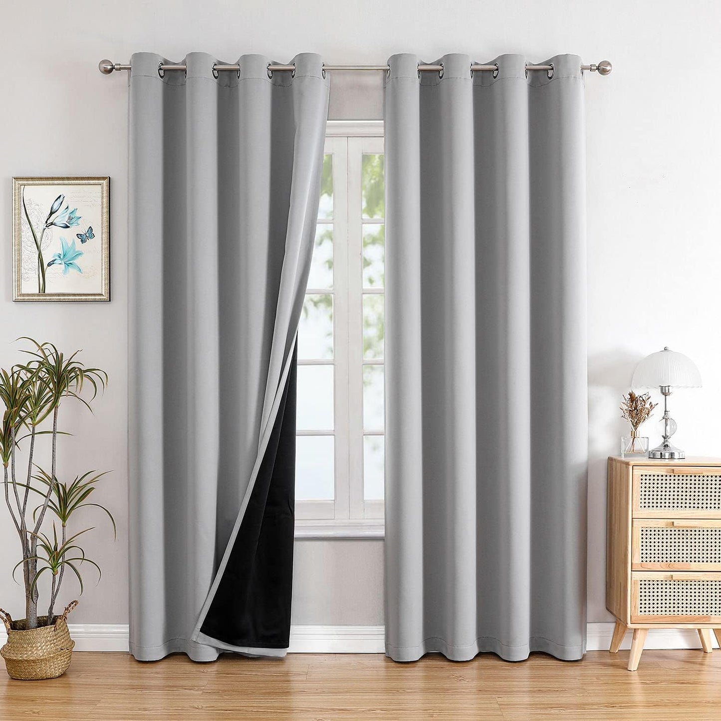 ChrisDowa 100% Blackout Curtains 80 inch Long for Bedroom with Black Liner, 2 Thick Layers Total Blackout Thermal Insulated Grommet Window Curtains 2 Panels Set (Light Grey, 52 x 80 Inch)