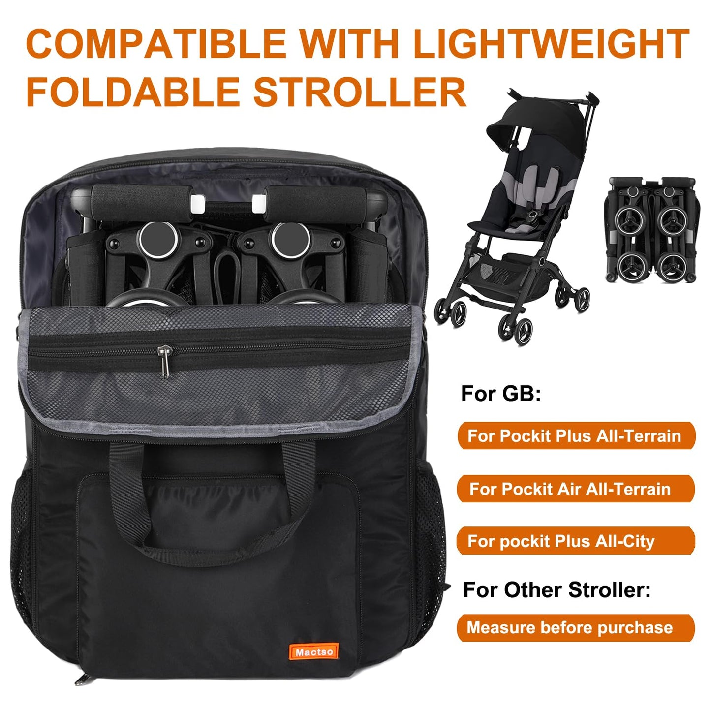 Mactso Stroller Travel Bag Compatible with GB Pockit Air Plus All Terrain and GB Pockit + All City, Lightweight Stroller Travel Backpack for Airplane (Black, L)