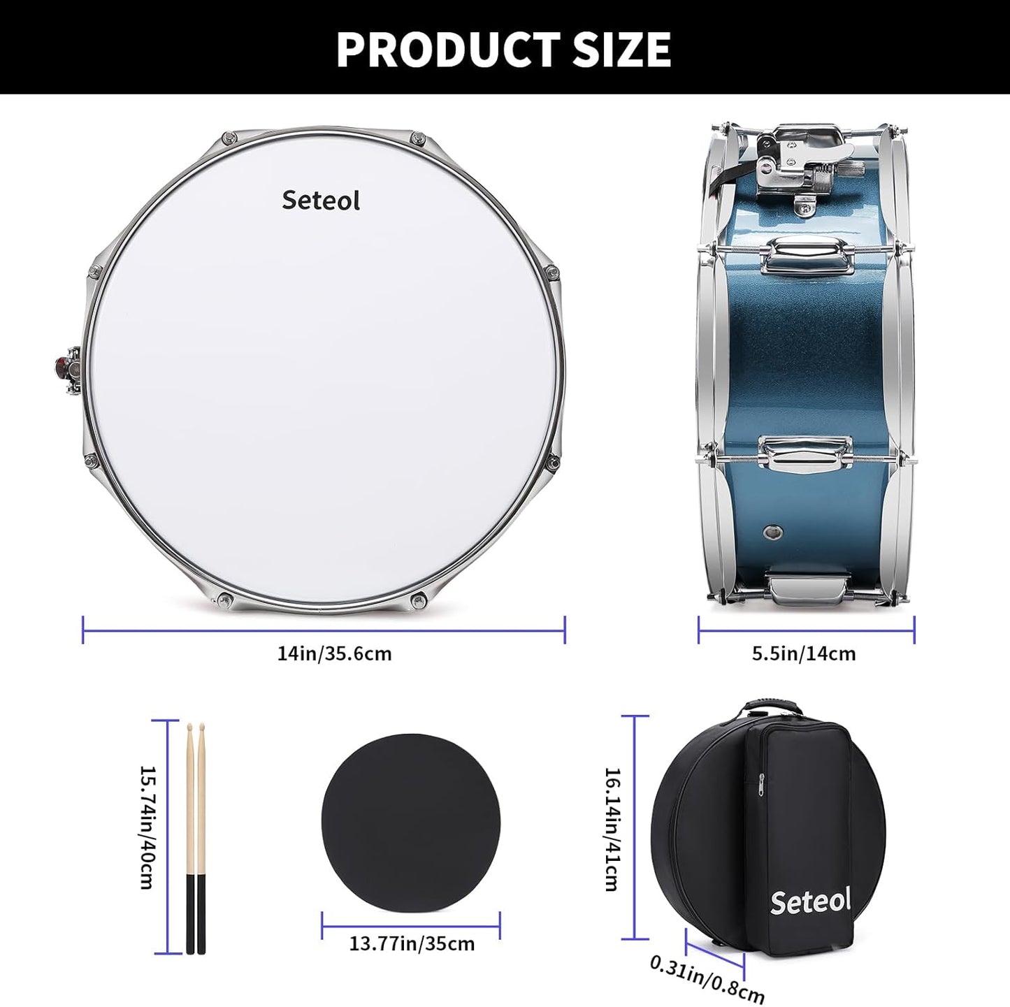 Snare Drum Kit, 14" x 5.5" Marching Snare Drum + Storage Padded Bag + Silent Mute Pad + A Pair Of 5A Drumsticks + Drums Key, Portable Drums Hardware Set for Adults Kids Student Beginners (Blue)