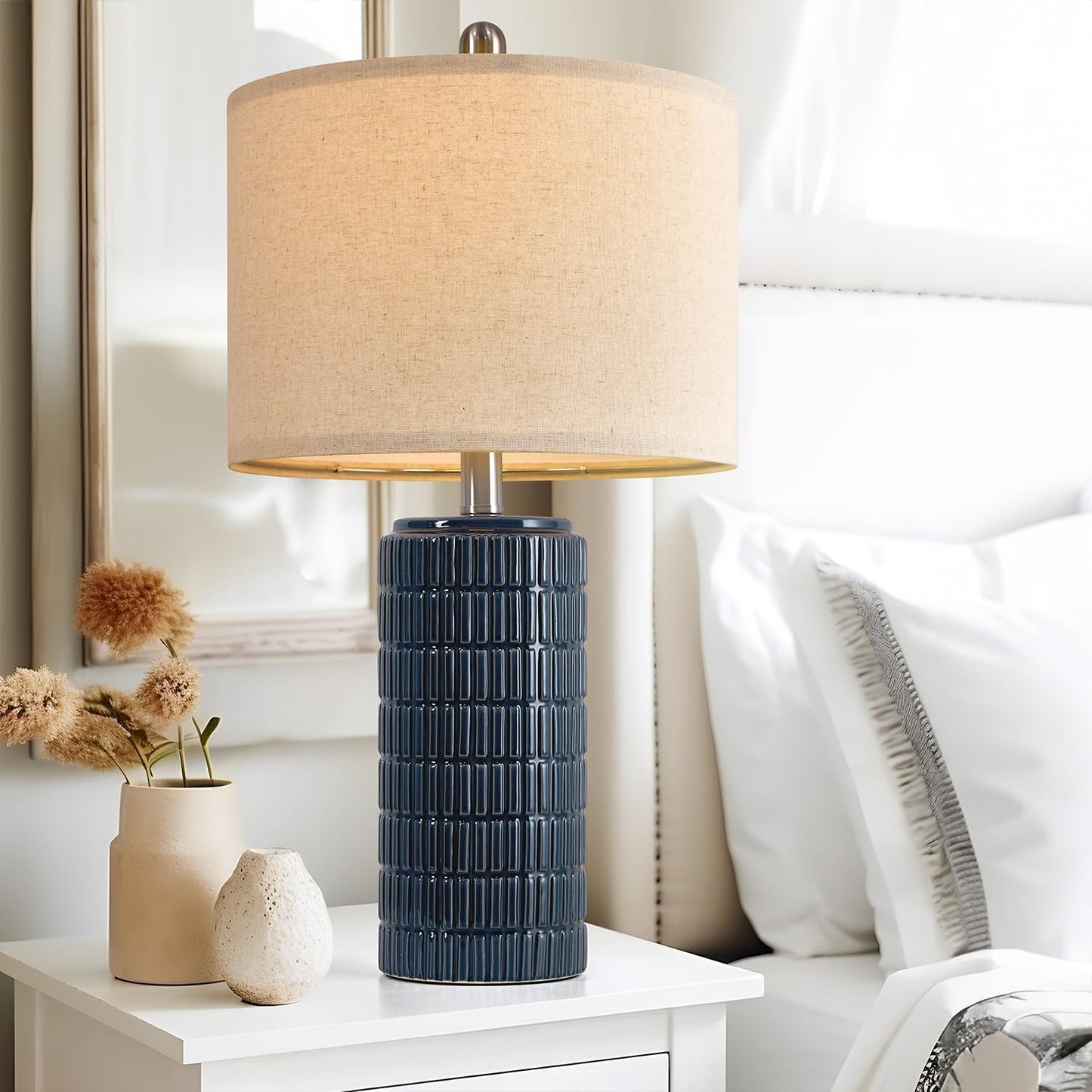 PoKat 23" Blue Table Lamps, Farmhouse Bedside Lamps for Bedroom Set of 2, Ceramic End Table Lamps for Living Room, Traditional Nightstand Desk Lamps, Medium
