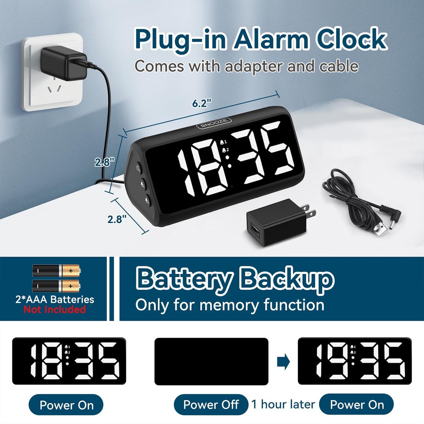 Netzu Digital Alarm Clocks for Bedrooms, Loud Alarm Clock with Dual Alarms, Bold Digits, 5 Dimmers, 4 Volumes, Snooze, Bedside Clock for Deep Sleepers Kids Teens Seniors, Plug in Clock, Easy to Set