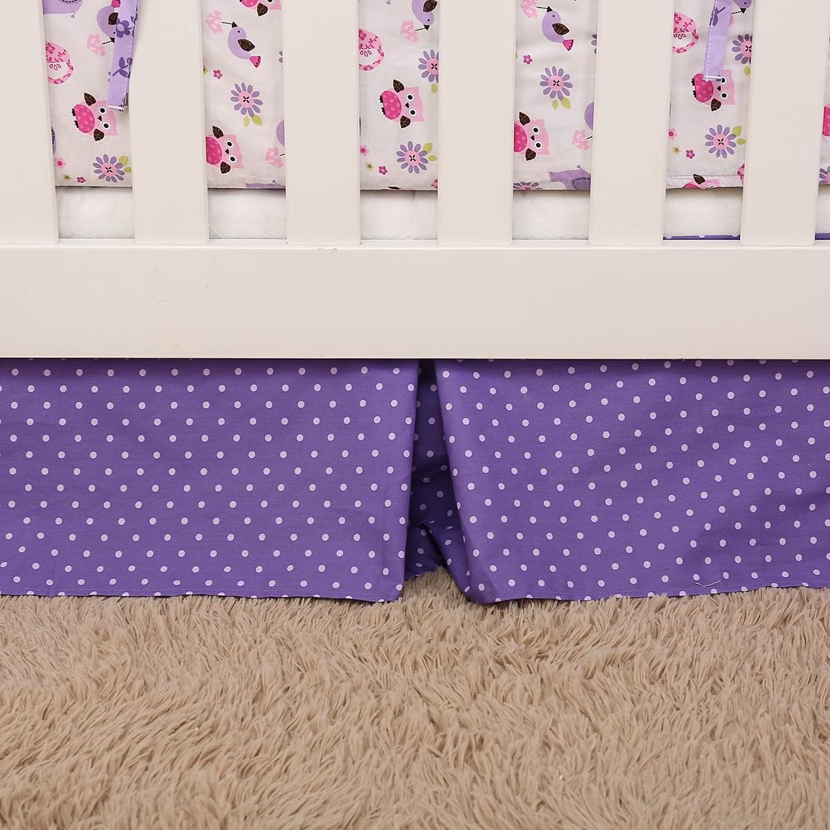 Brandream Crib Bedding Set 3 Pieces Purple Baby Girls Cotton Patchwork Flowers Elephant Owl Nursery with Ruffle Design, Princess Lovely Cute Breathable Healthy