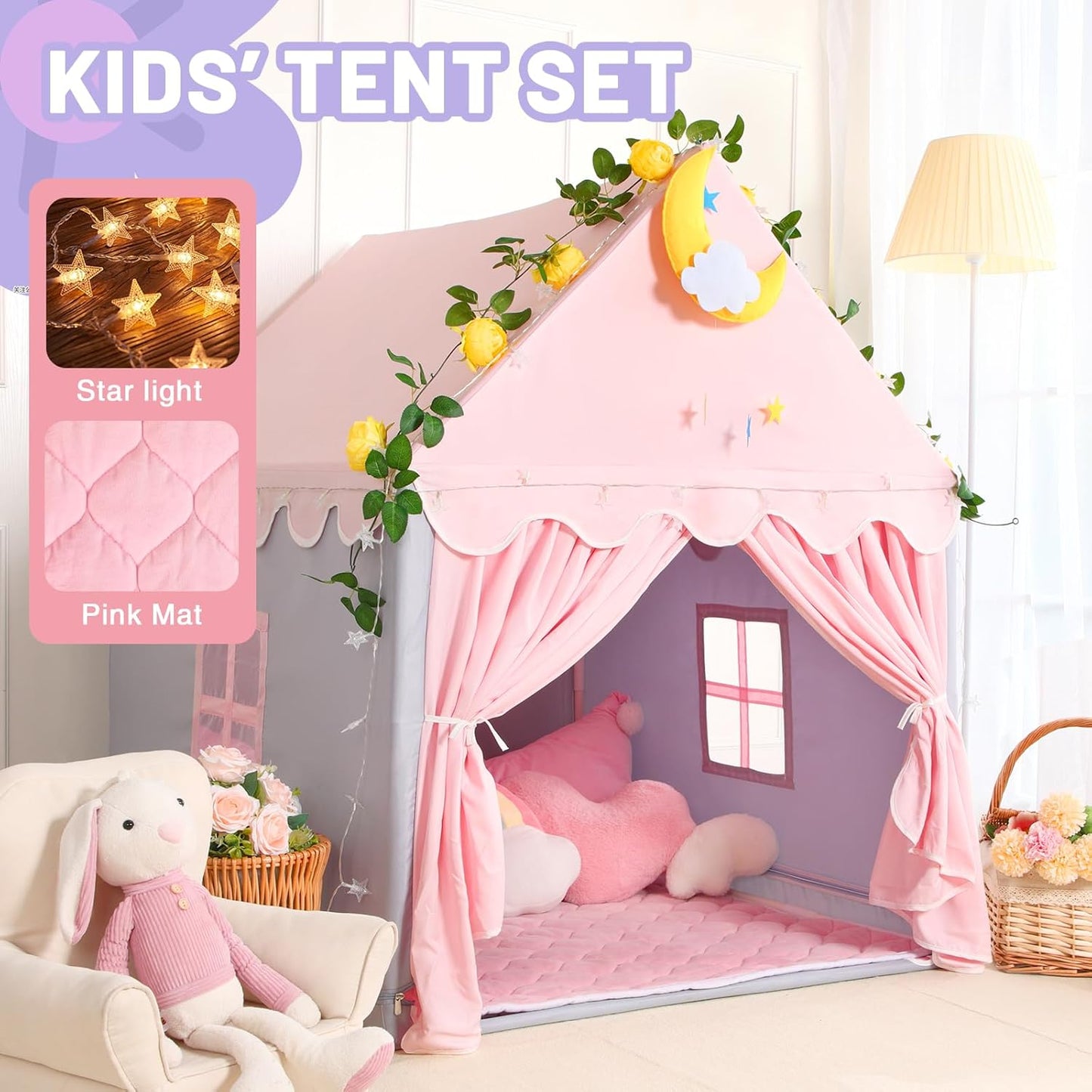 Wilwolfer Kid Tent with Mat, Star Lights - Kids Play Tents for Toddlers Kids Tents Indoor Playhouse - Princess Tent for Girls Toy House Gift (Gray with Cloth)