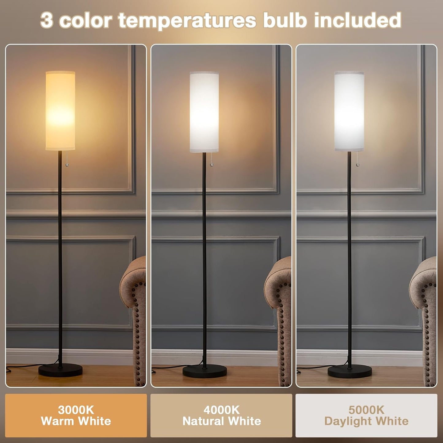 Ambimall Floor Lamp for Living Room with 3 Color Temperatures Bulb, 64" Standing lamp with Linen lampshade for Bedroom, Minimalist Pole Lamp, Grey Shade & Black Pole