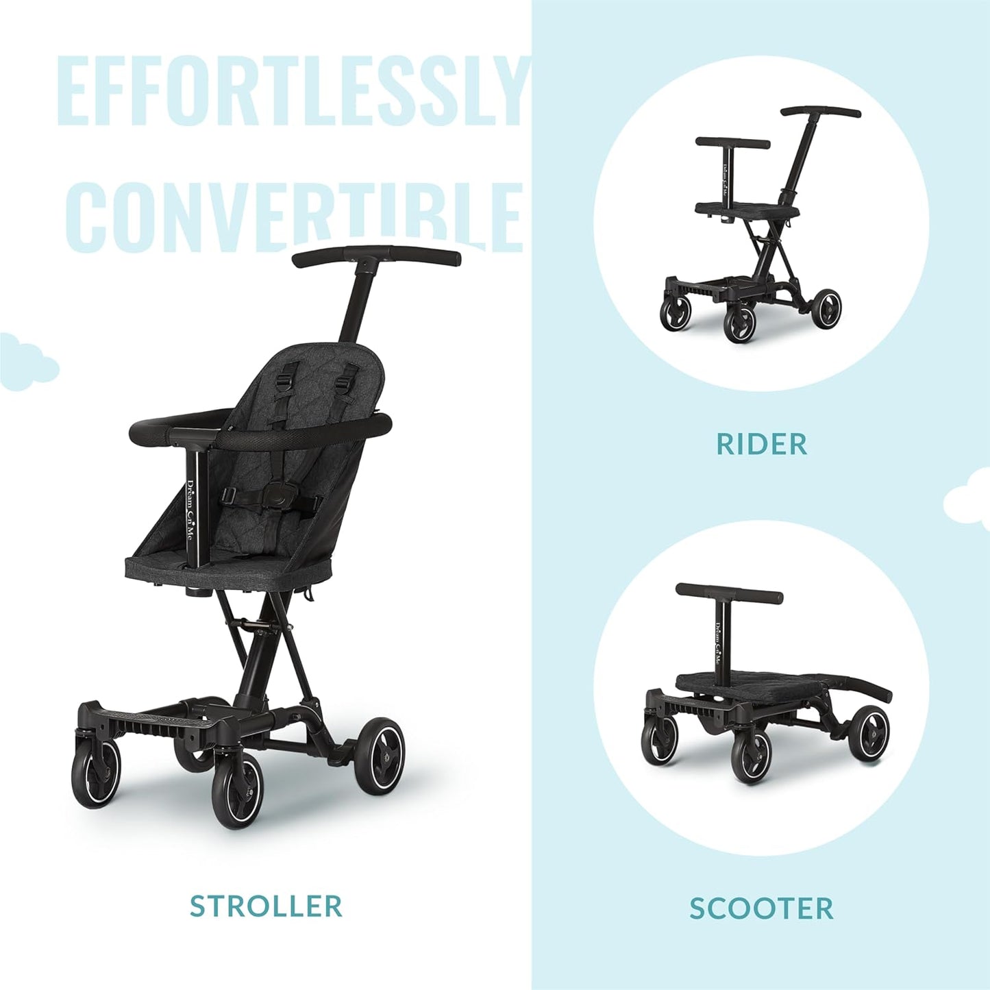 Dream On Me Lightweight and Compact Coast Rider Stroller with One Hand Easy Fold, Adjustable Handles and Soft Ride Wheels, Black