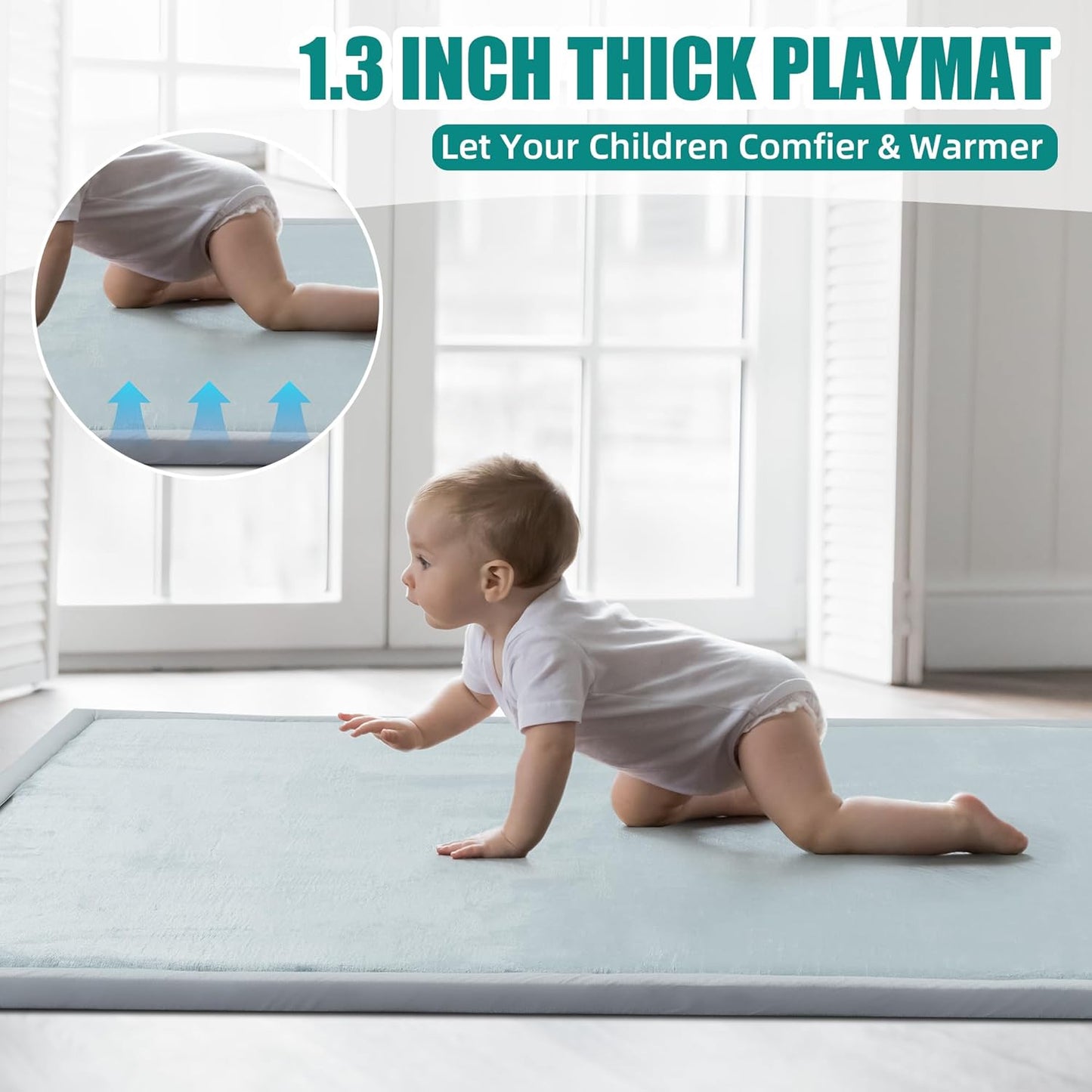 MABOZOO Extra Thick 1.3 Inch Baby Play Mat, 74 * 50 Inch Baby Floor Mat Memory Foam Playpen Pad for Babies, Toddlers, Infants, Playmat Crawling Cushion Activity Playmat for Indoor & Outdoor