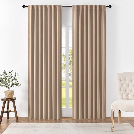 Joydeco Blackout Curtains 108 Inches Long, Thermal Insulated Black Out Curtains 2 Panels Set, Room Darkening Drapes for Living Room Window Rod Pocket Back Tab (W52 x L108 Inch, Khaki)