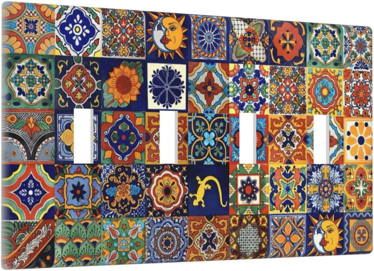 Talavera Mexican Tiles Traditional Color Decoration Print Light Switch Covers Quad Toggle Electrical Faceplate 4 Gang Wall Plate Decorative Switch Plates for Kitchen Bathroom Decor