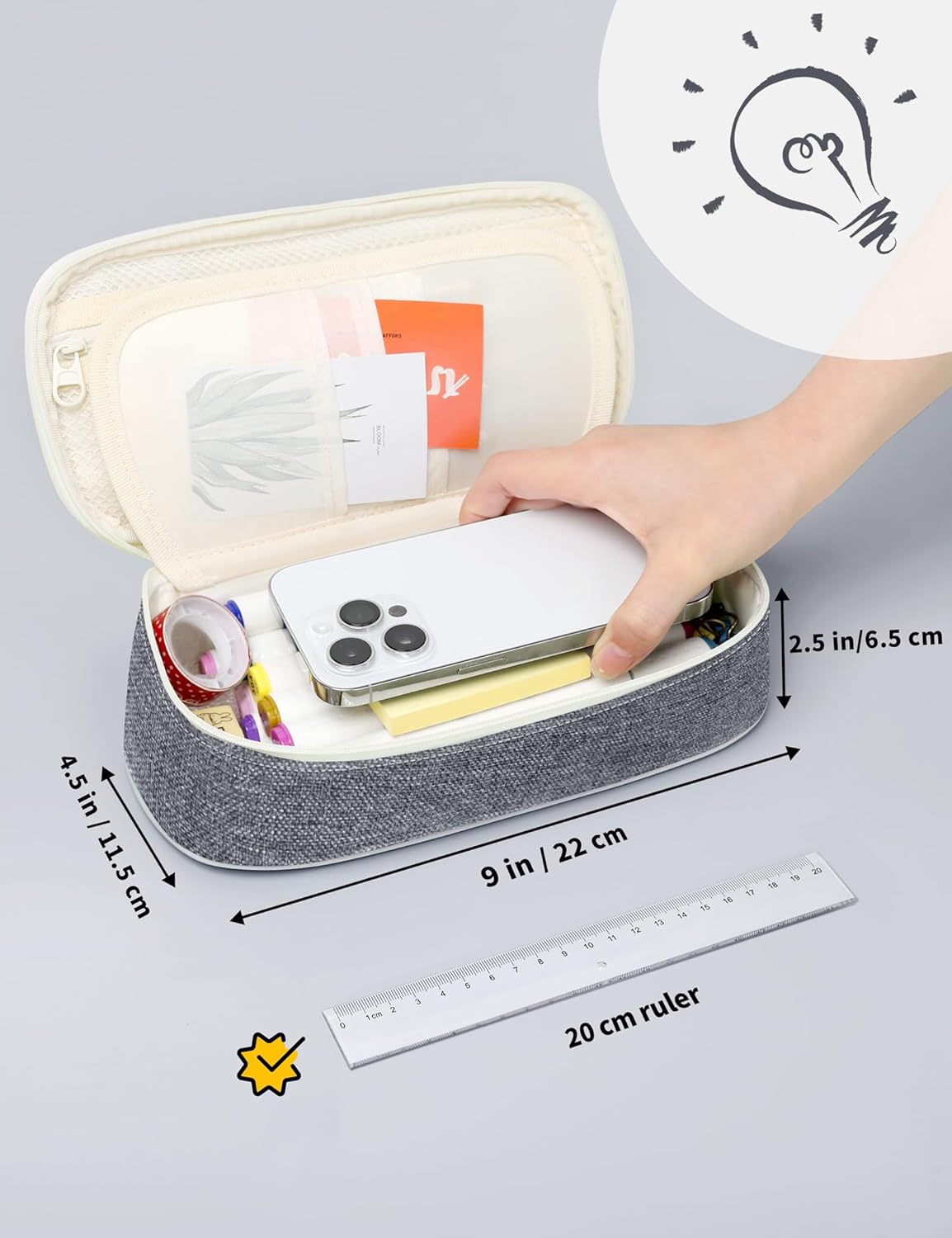 SUNEE Cute Pencil Case, Aesthetic Pen Pouch, Colored Large Pencil Bag with Zipper, Kawaii Stationery Storage and Organizer, School Supplies for Teen and Adult Girls, Gray