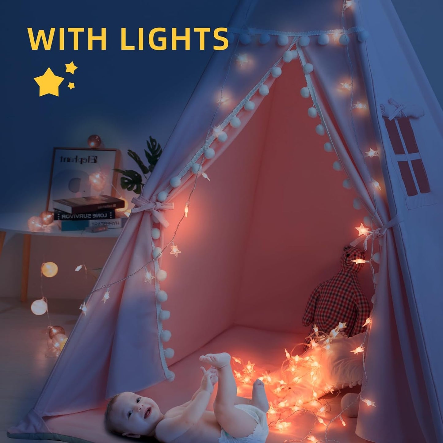 Teepee Tent for Kids with Mat, Star Lights, Carry Case, Cotton Canvas Playhouse, Foldable Tents, Portable Children Play Tent Indoor Outdoor (Pink)
