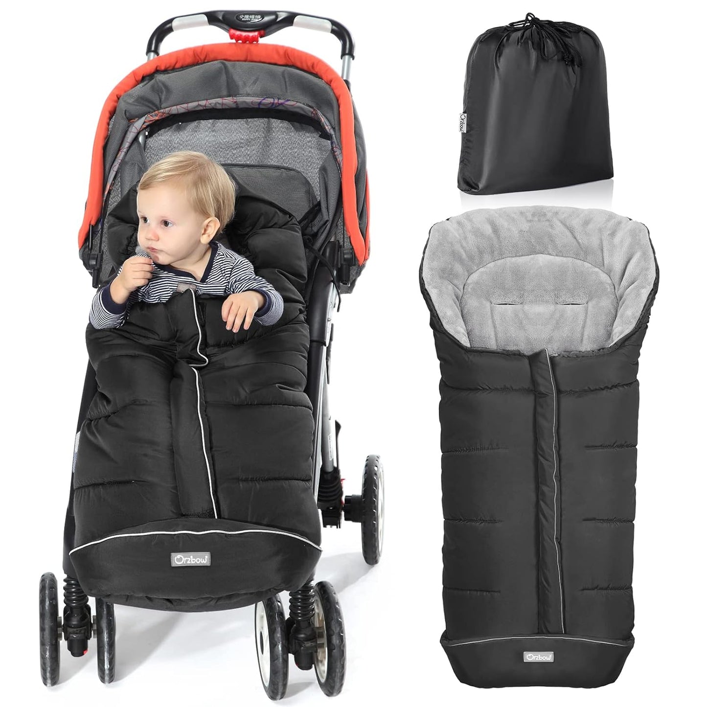 Orzbow Warm Bunting Bag Universal, Stroller Sleeping Bag Cold Weather, Waterproof Toddler Footmuff (Black, Large)