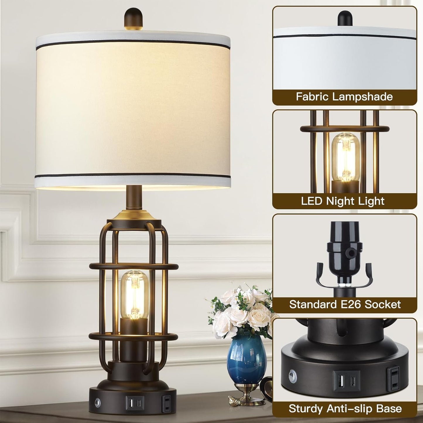 Modern Table Lamps Set of 2, Industrial 3-Way Dimmable Bedside Lamp with USB A+C Ports & AC Outlet, 25" Touch Control Nightstand Lamp LED Night Light for Living Room Bedroom Home(4 Bulbs Included)