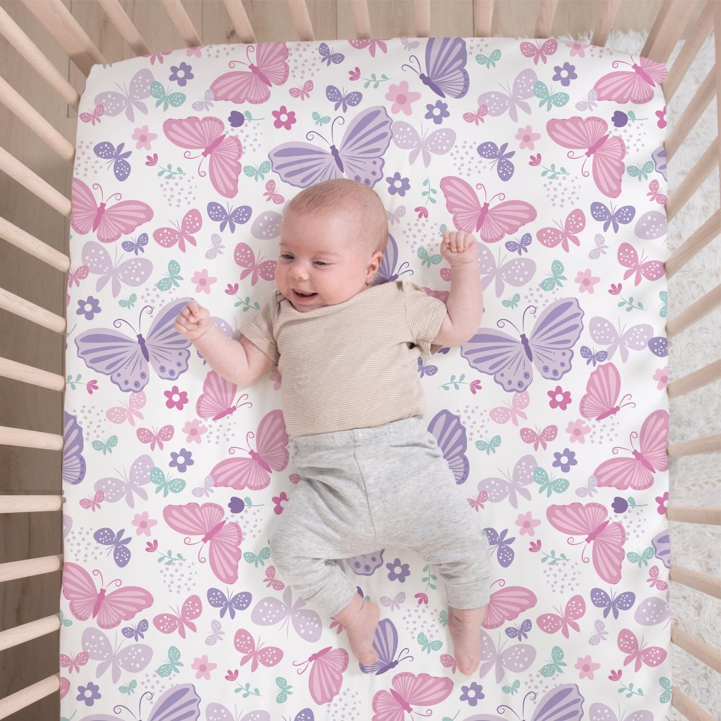 The Peanutshell 3 Piece Baby Crib Bedding Set for Girls - Newborn, Infant & Toddler Nursery Bed Set Decor with Fitted Crib Sheet, Dust Ruffle Comforter - Butterfly Song