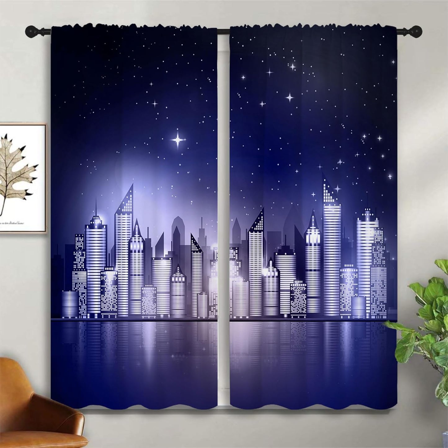 City Rod Pocket Blackout Curtains for Boy Girl Bedroom, New York Skyline Modern City Starry Sky Night View Home Energy Efficient Light Filtering Window Curtain for Living Room, 42x63 inch