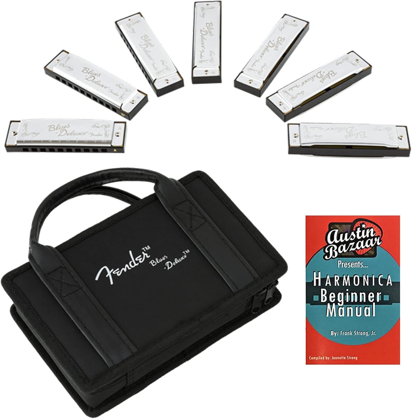 Fender Blues Deluxe Harmonica Pack of 7 Bundle with Carrying Case, Austin Bazaar Beginner Manual, and Polishing Cloth - Keys A, Bb, C, D, E, F, and G
