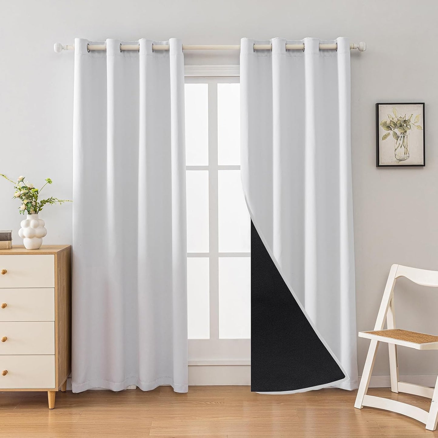 Anytime 100% Blackout Curtain Set, Thermal Insulated & Energy Efficiency Window Draperies for Guest Room, Full Shading Panels for Shift Worker and Light Sleepers（Greyish White, 2 Panels, 52W x 102L）