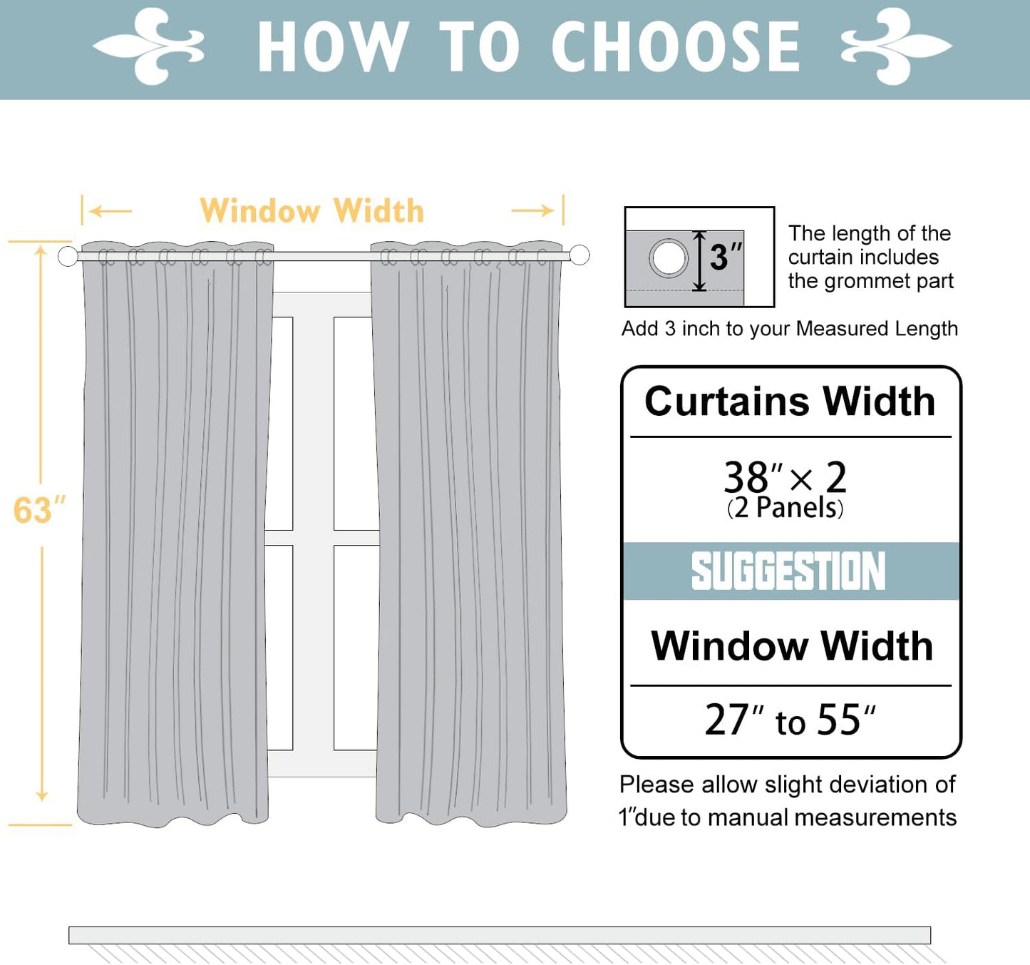 ChrisDowa 100% Blackout Curtains 63 inch Long for Bedroom with Black Liner, 2 Thick Layers Total Blackout Thermal Insulated Grommet Window Curtains 2 Panels Set (Black, 38 x 63 Inch)
