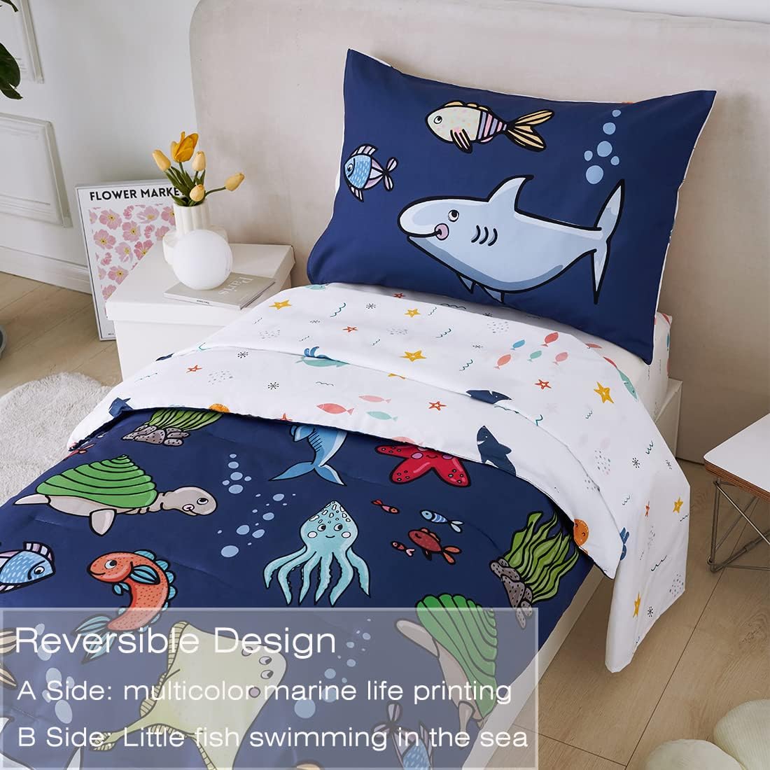 PERFEMET 4 Pieces Twin Bed in A Bag Navy Blue Ocean Animal Themed Kids Comforter Set for Boys Girls Soft Reversible Marine Life Bed Set with Kids Sheets(Navy Blue, Sharks/Dolphins/Fish)