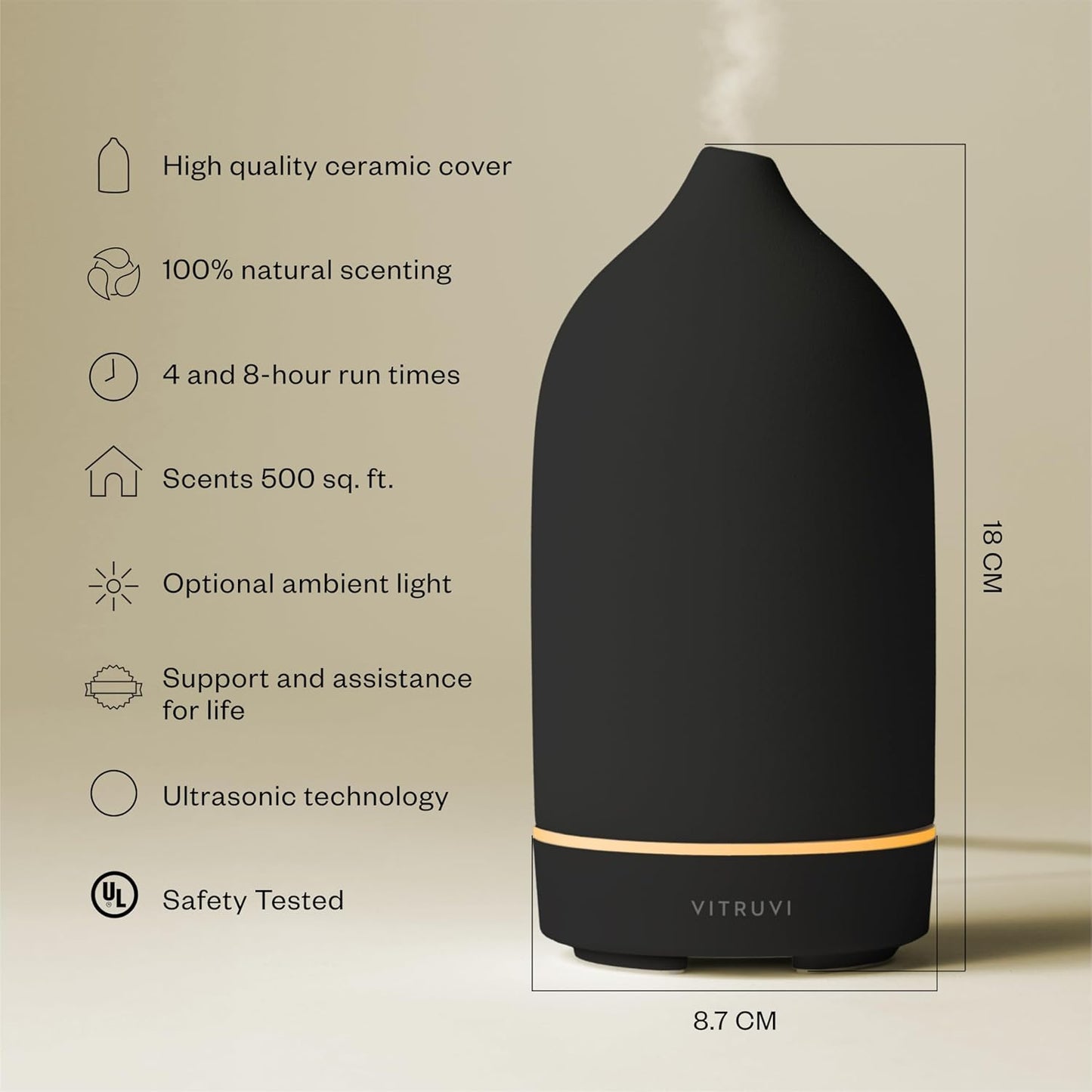 Vitruvi Stone Diffuser, Ceramic Ultrasonic Essential Oil Diffuser for Aromatherapy | Ceramic Diffuser, Diffusers for Home, Oil Diffuser, Room Decor | Black, 90ml Capacity