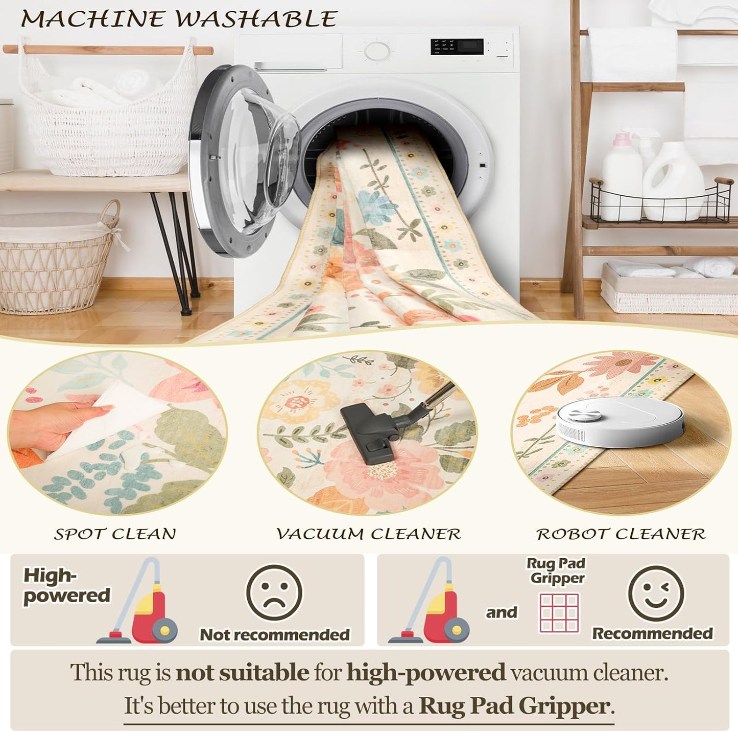 Floral 4ft Area Rug Machine Washable Soft Print Boho Carpet Non Slip Doormat Low Pile Flower Area Rugs for Living Room Bedroom Nursery Kitchen Dining Room Indoor-Beige/White/Orange