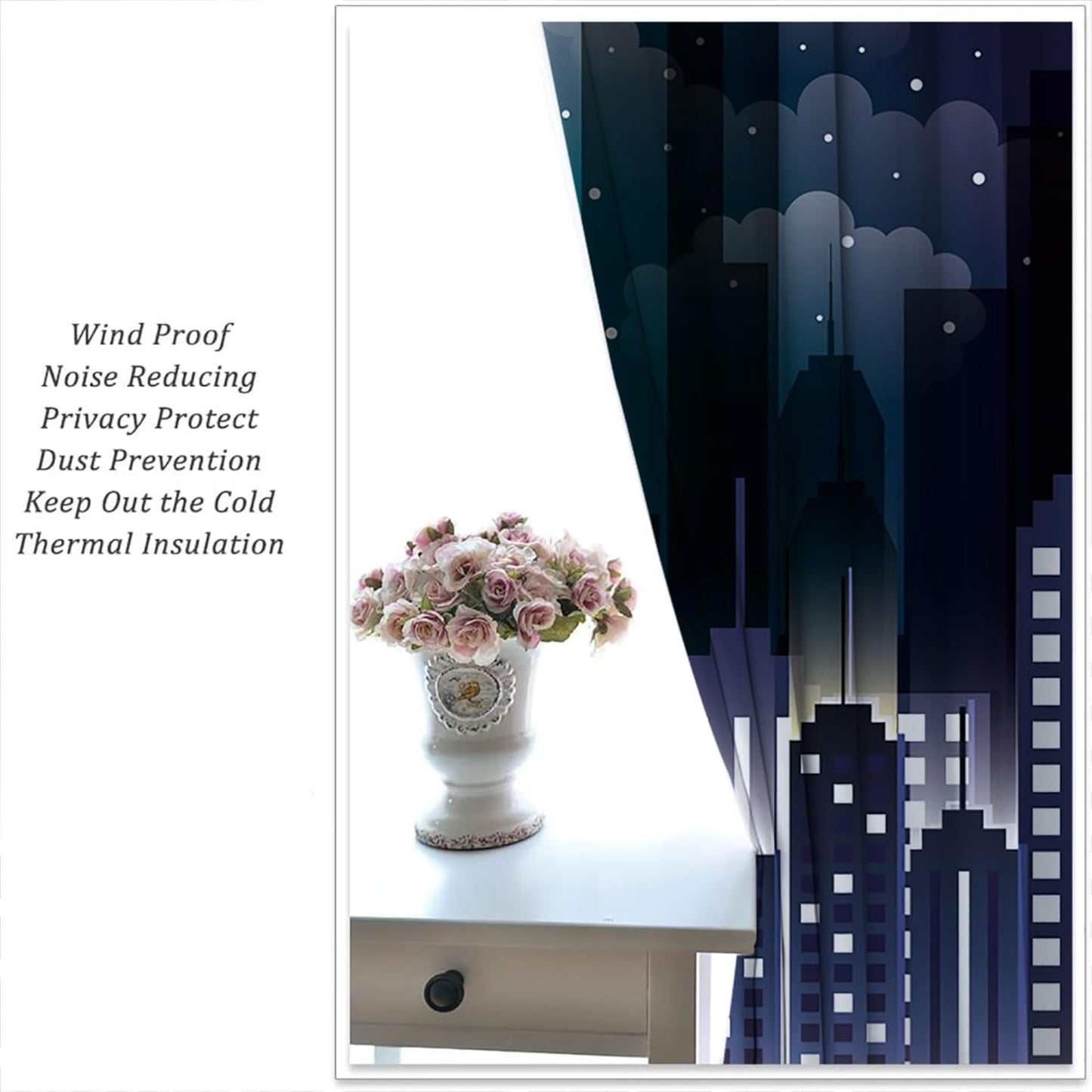 Superhero Rod Pocket Blackout Curtains for Boy Girl Bedroom, Violet Night Sky Buildings Cityscape Home Energy Efficient Light Filtering Window Curtain for Living Room, 84x63 inch
