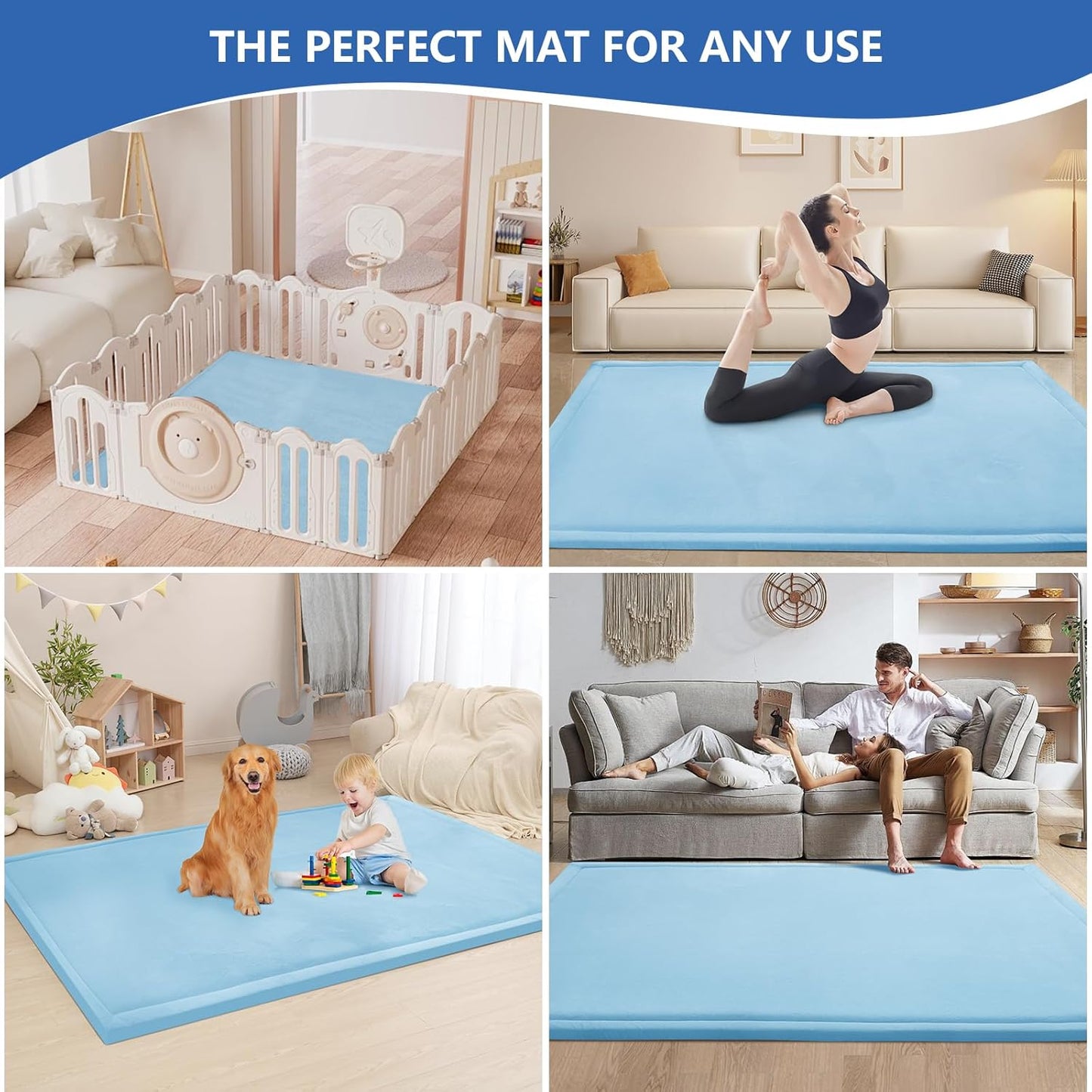 Baby Play Mat for Floor,1.3" Thick Memory foam Tummy Time Mat,Water Repellent Soft Velvet Nursery Rug,Extra Large Non Slip for Crawling,Toddlers,Infants,kids,Tatami Style for Living Room(Light Blue)