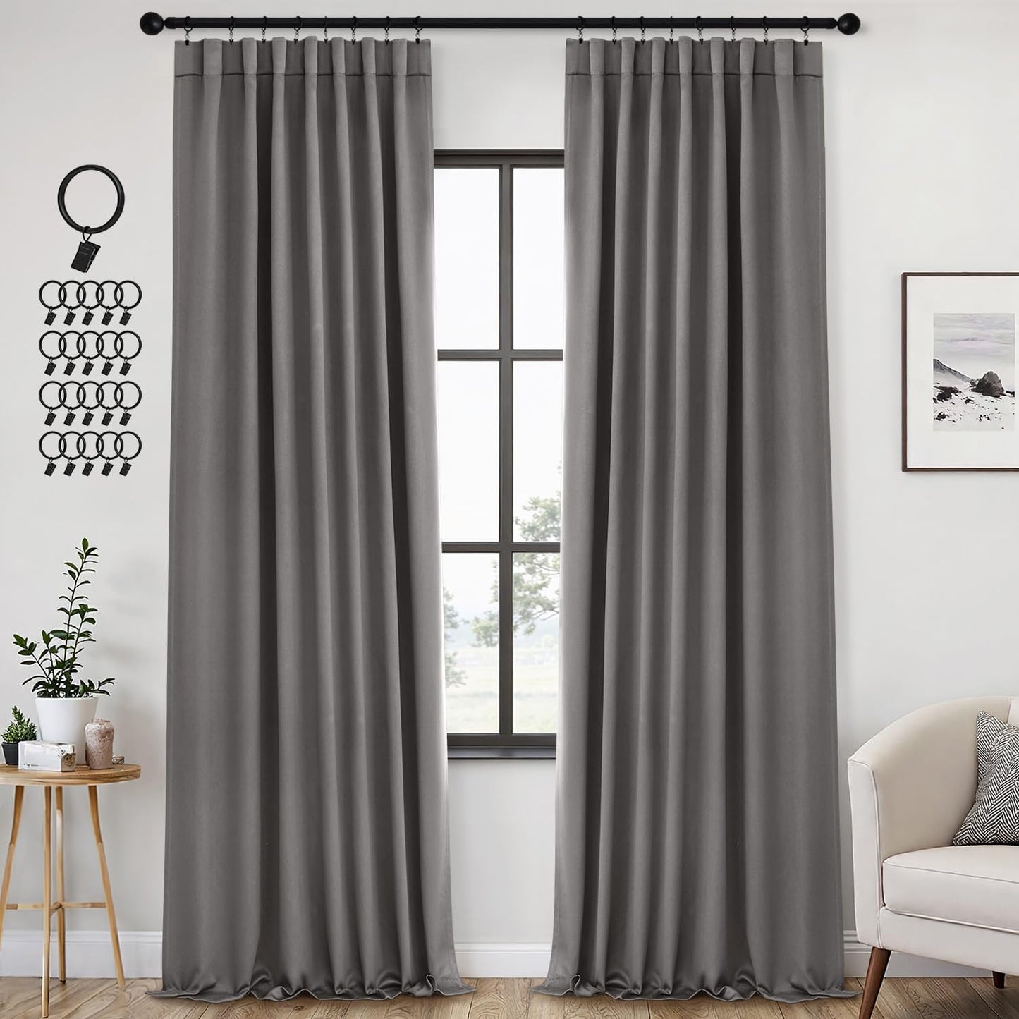 ANRODUO Back Tab Blackout Curtains for Bedroom Living Room, Rod Pocket Pinch Pleated Thermal Insulated Room Darkening Curtains 96 Inches Long 2 Panels, Grey, 42 x 96 Inch