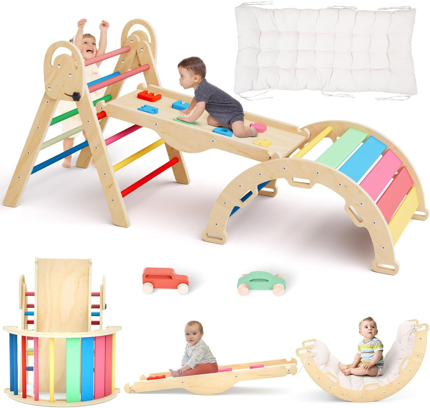 Pikler Triangle Set with Cushion, Montessori Climbing Set, Indoor Climb Toys, Indoor Playground Jungle Gyms, 9 Combinations Climbing Toy Set for Toddler, Baby, Kids 1-4