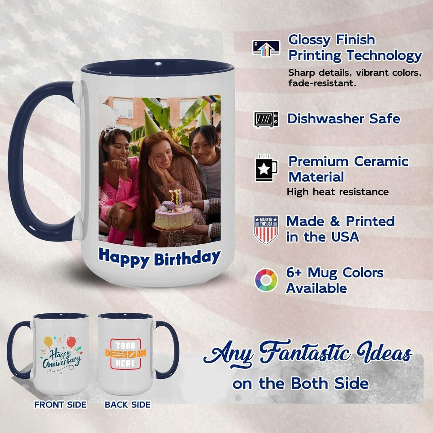 Ship Next Day Custom Mug Design Your Own Photo Text Personalized Picture Gifts for Women Men Customized Gifts Idea Personalized Coffee Mugs 11oz Dark Blue Handle